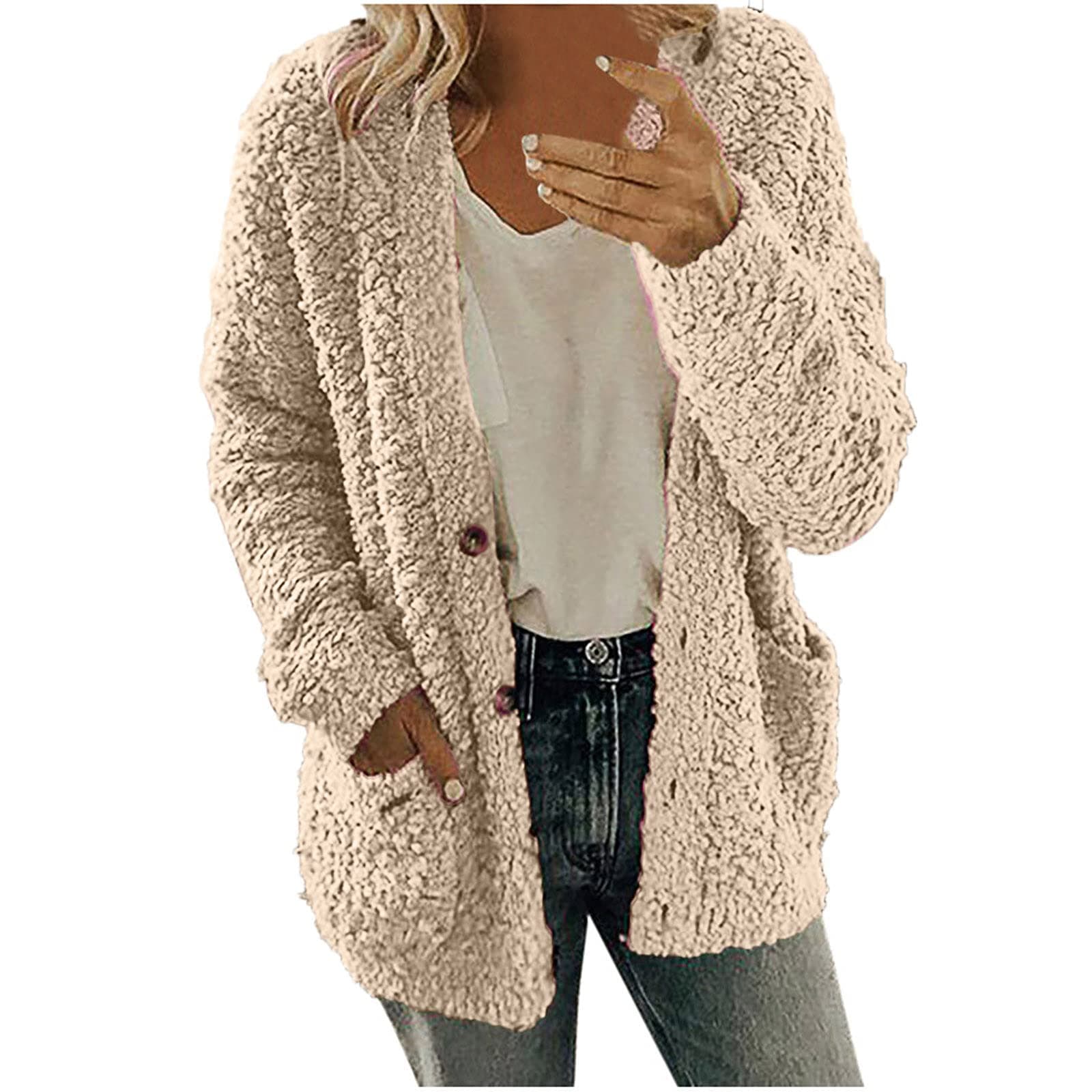 LFEOOST Women Winter Sherpa Jacket Coat Long Sleeve Lapel Fuzzy Warm Fleece Open Front Hooded Cardigan Outerwear with Pockets