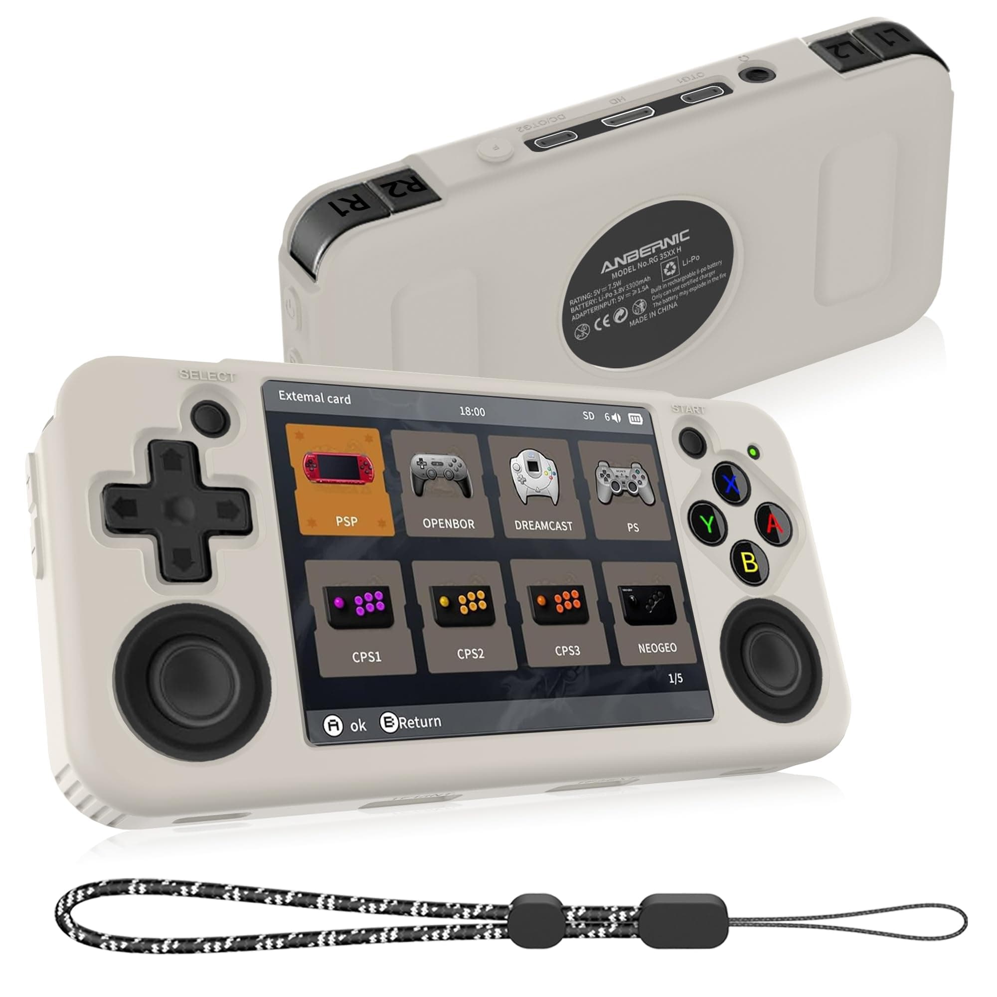 Compatible with RG35XX H Retro Handheld Game Console, Soft Silicone Protective Case for RG35XX H with Lanyard - White