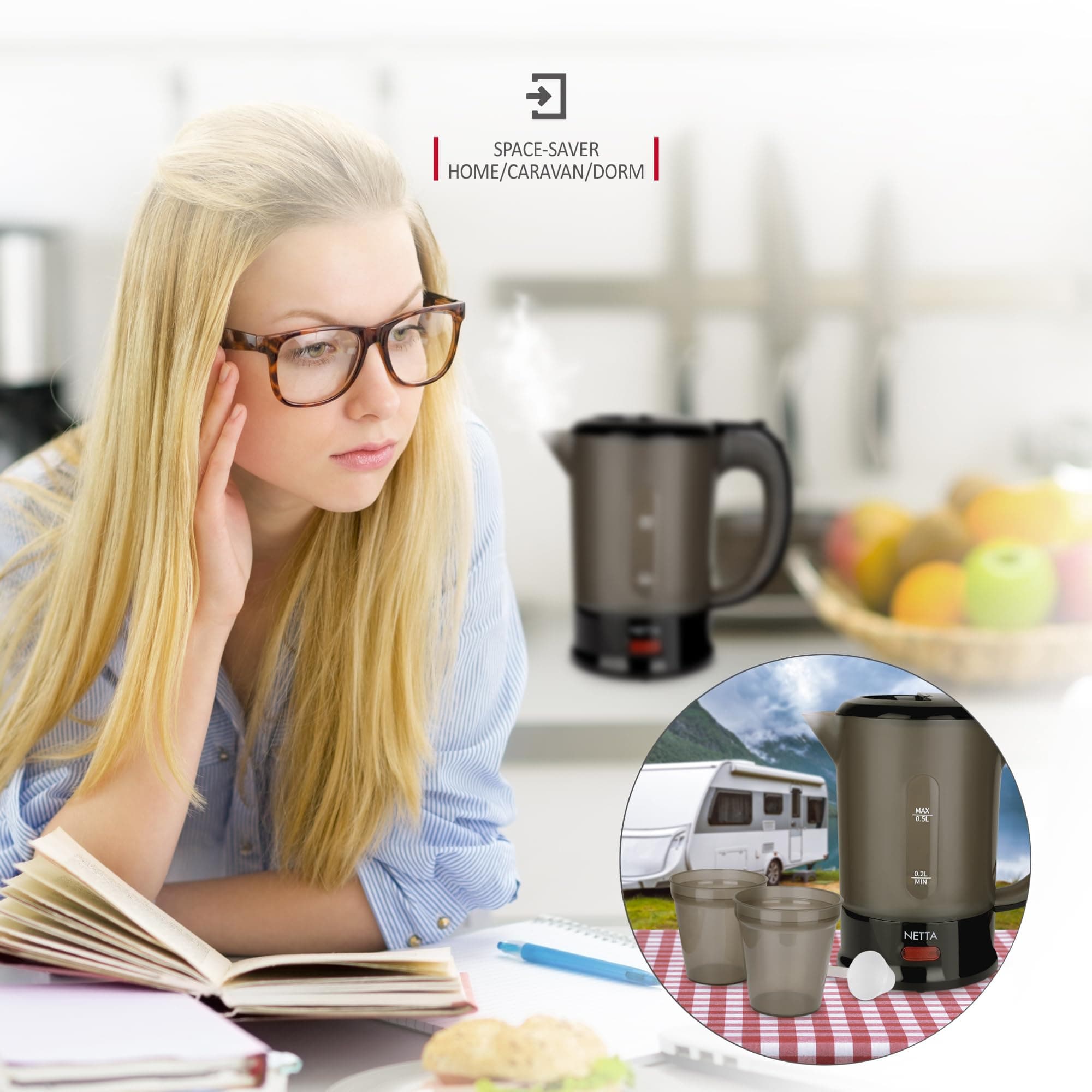 NETTA 0.5L Travel Kettle with 2 Cups – Lightweight and Space-Saving – Boil-Dry Protection and Auto Shut-Off – Ideal for Caravans, Suitcases, Dormitories – Black – 1100W