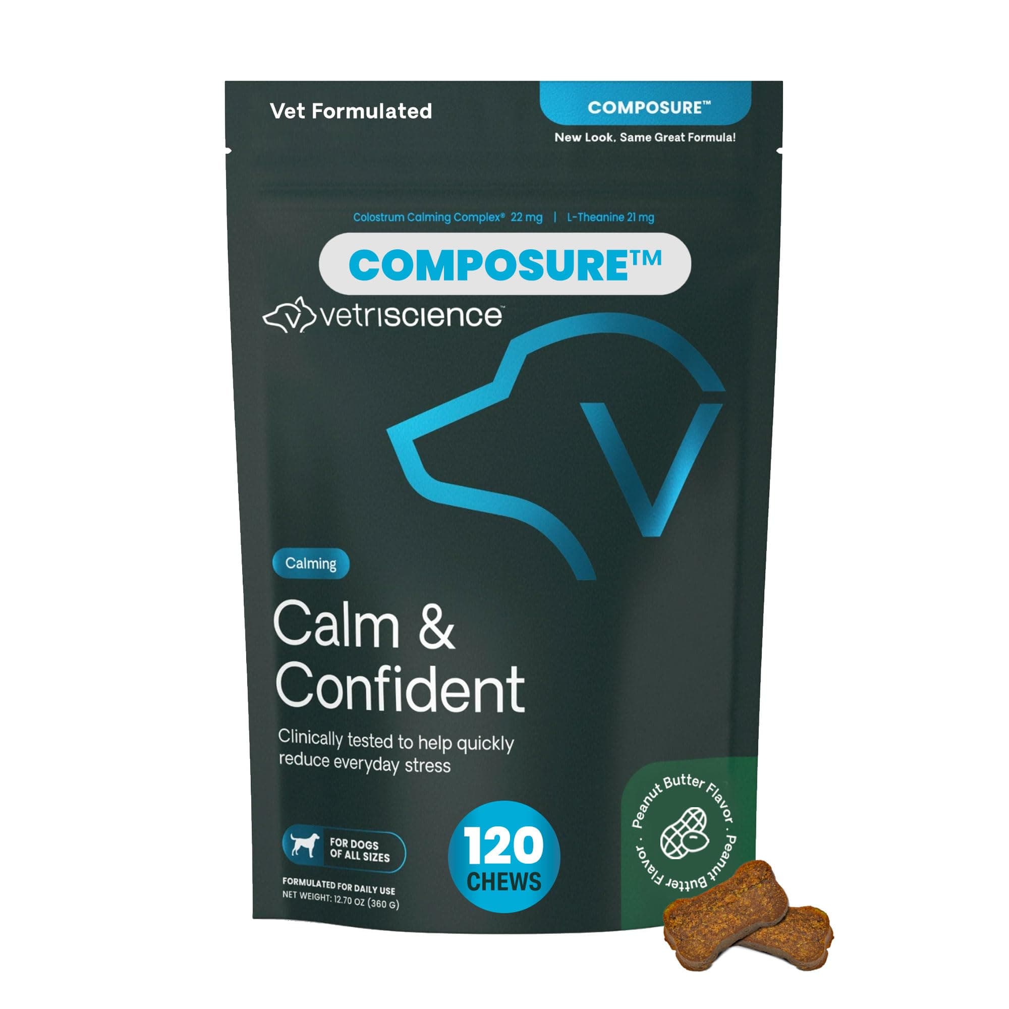Composure Calming Chews for Dogs - Clinically Proven Dog Anxiety Relief Supplement with Colostrum, L-Theanine & Vitamin B1 for Stress, Storms, Separation & More - 120 Peanut Butter Chews