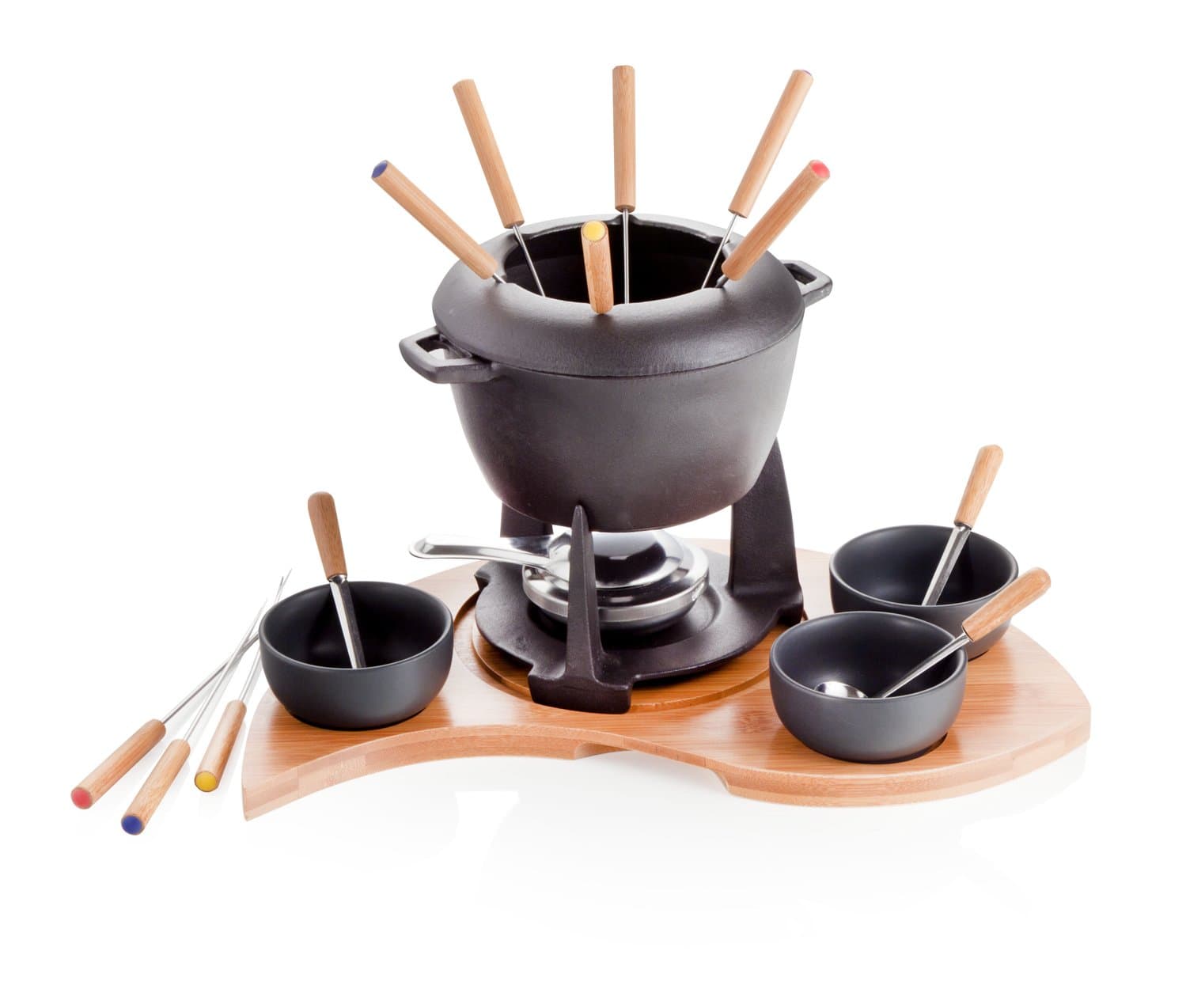 Half-Moon Cast Iron/Bamboo Fondue Set with Stand, Multi-Colour
