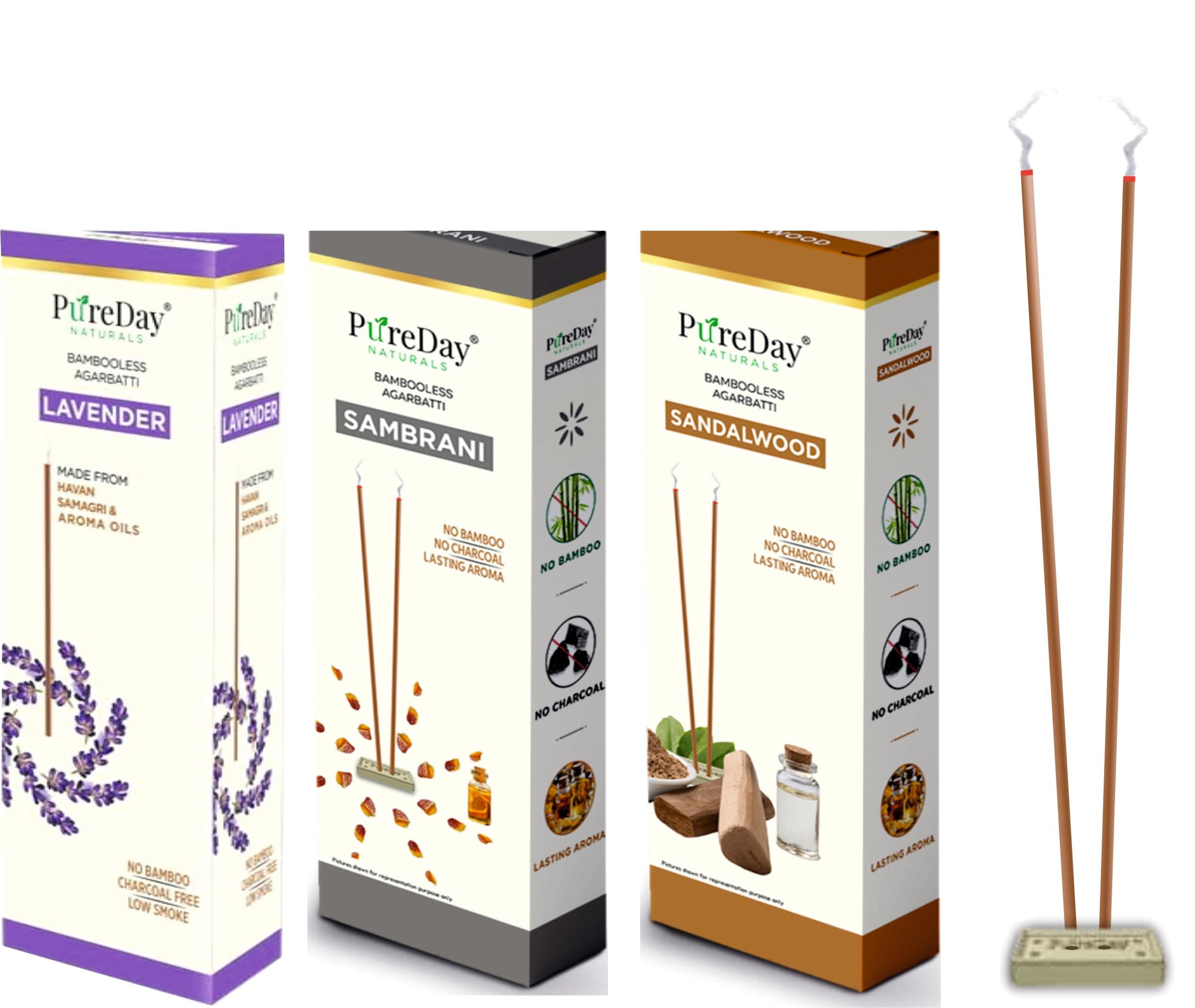 PureDay Bambooless Agarbatti | 200 Dhoop battis | Pack of 3 | Lavender - 80, Sandal - 80, Sambrani - 40 | No Bamboo, No Charcoal, Lasting Aroma | Free Ceramic Stand