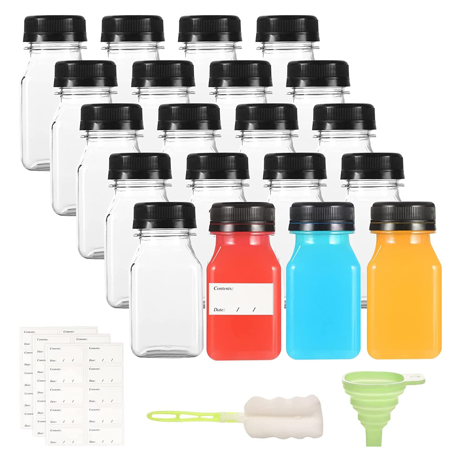 Yoosso 20 Pack 4oz/120ml Plastic Juice Bottles with Pouring Funnel and Brush, Reusable Shot Bottles with Lids for Storing Juices, Water and Other Homemade Beverages, Black Lids