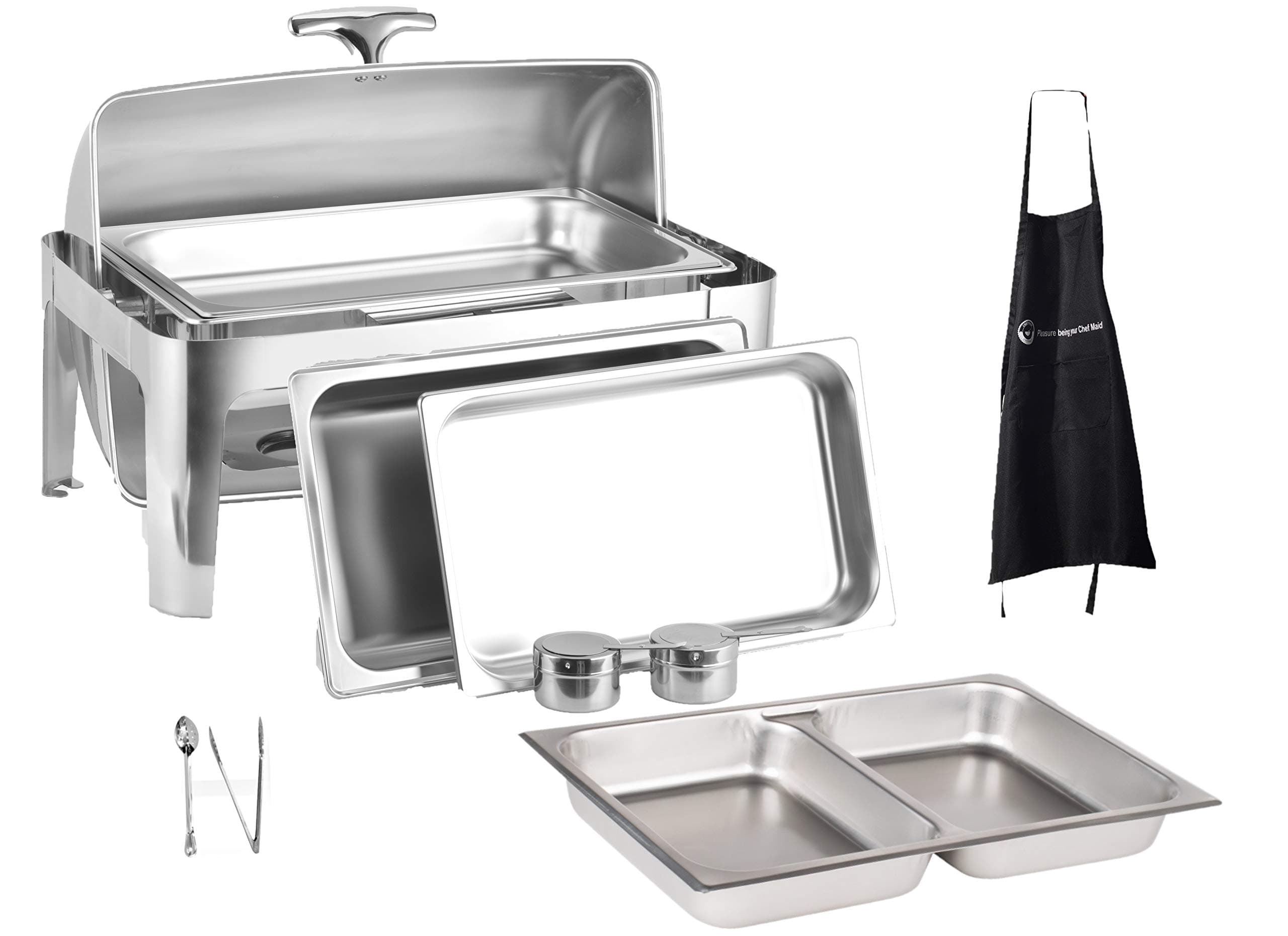 CHEFQ 8 Qt Full Size Roll Top Chafing Dish Bundle Stainless Steel - 1 Full Size and Food Pans, 1 Water Pan, 1 Sectional Food Pan, 1 Tung and 1 Serving Spoon - Fuel Holders and Lid + Free Apron,