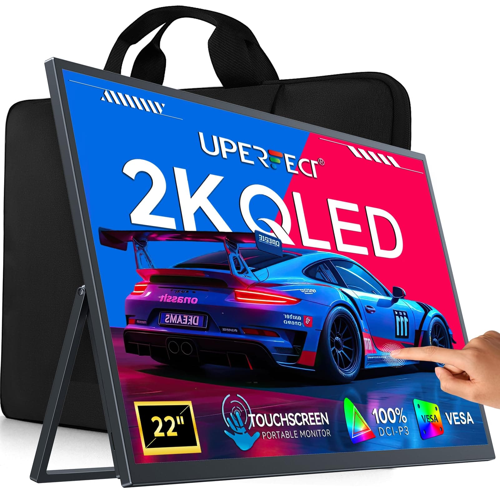 Portable Monitor Touchscreen 2K QLED, 22" Gaming Monitor w/VESA & 180° Adjustable Stand, 2560×1440 QHD FreeSync HDR, 100% DCI-P3, USB-C HDMI Travel Second Monitor for Laptop, PC, Game Console