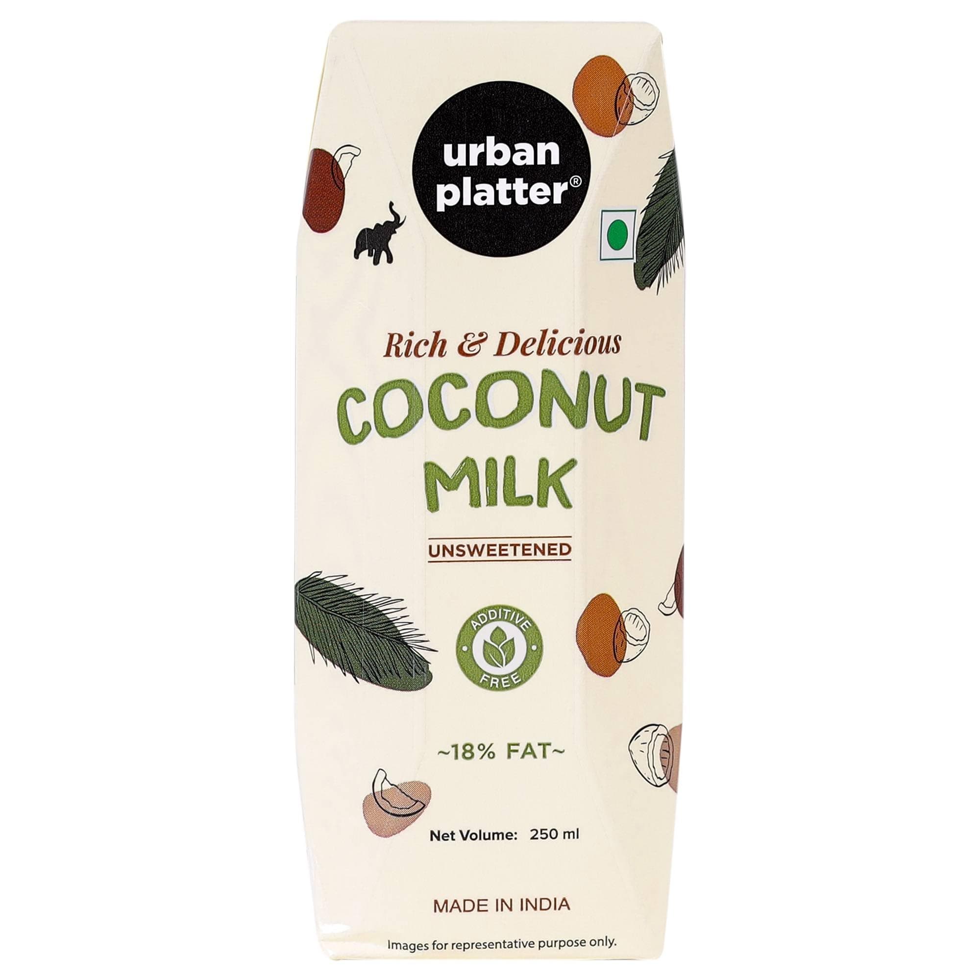 Urban Platter Unsweetened Coconut Milk, 250ml [18% Fat, Additive-free, Made in India, 100% Pure, Clean label]