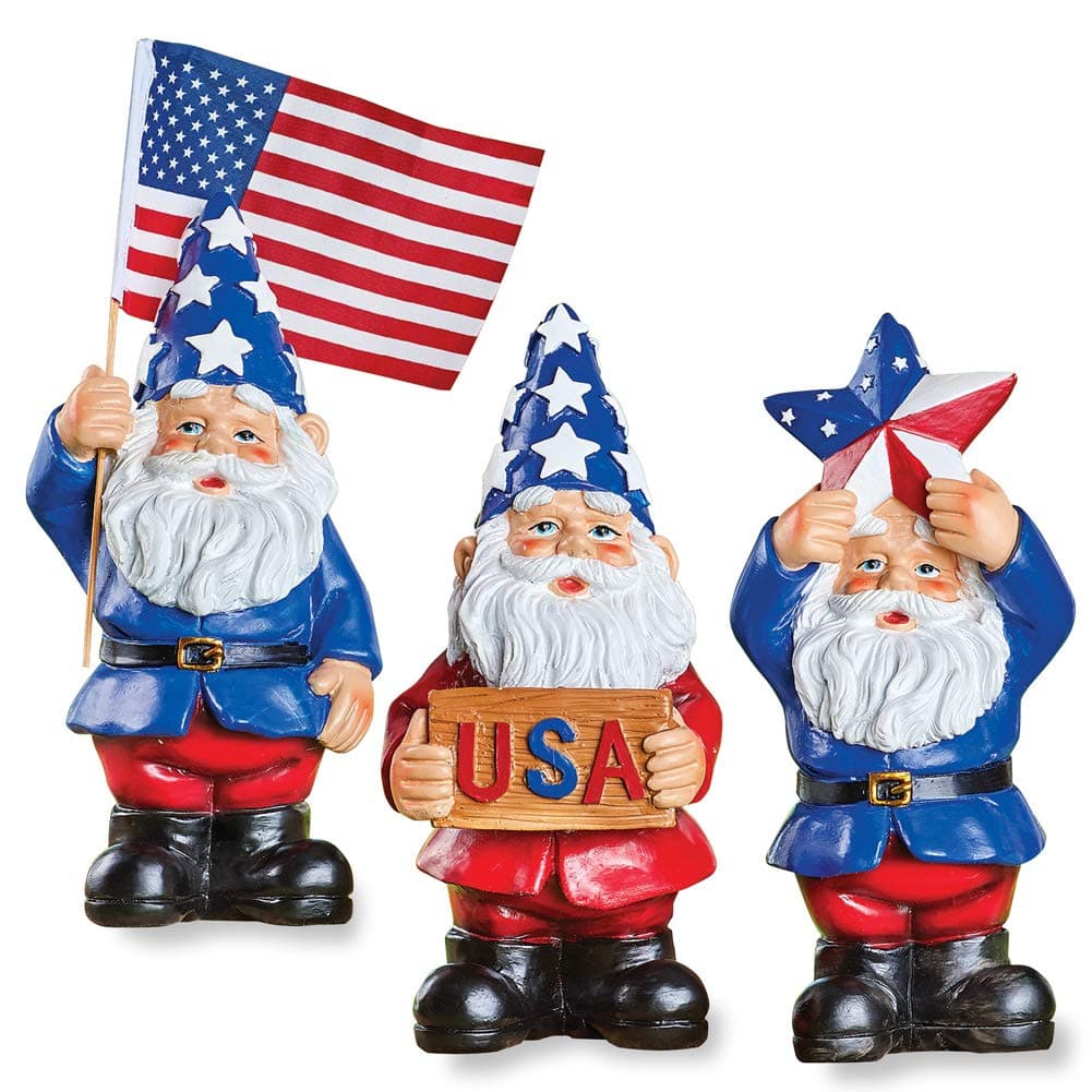 American Pride Uncle Sam Garden Gnome Set, Set of 3 - Lawn & Garden Seasonal 4th of July Decor - Resin - 3.5" L x 3.5" W x 9" H