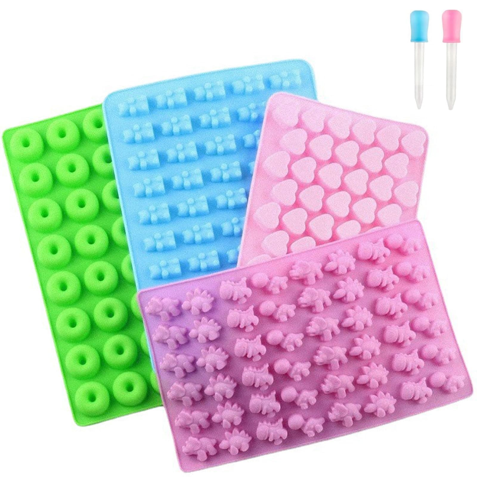 NASHRIO Silicone Gummy Bear Candy Molds 4 Pack, Including Bear Shape and Mini Donut, Non-Stick Silicone Candy Molds with 2 Droppers for Jelly, Candy, Chocolate