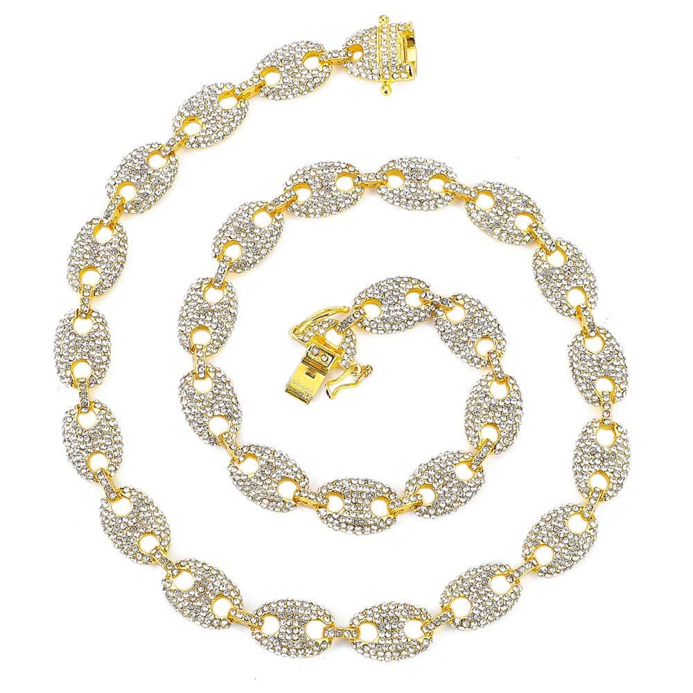 Gold Mariner Cuban Link Chain for Men, Silver Iced Out Diamond Coffee-bean Cuban Link Chain Necklaces,Hip Hop Rapper Jewelry Chains 16-30 Inches