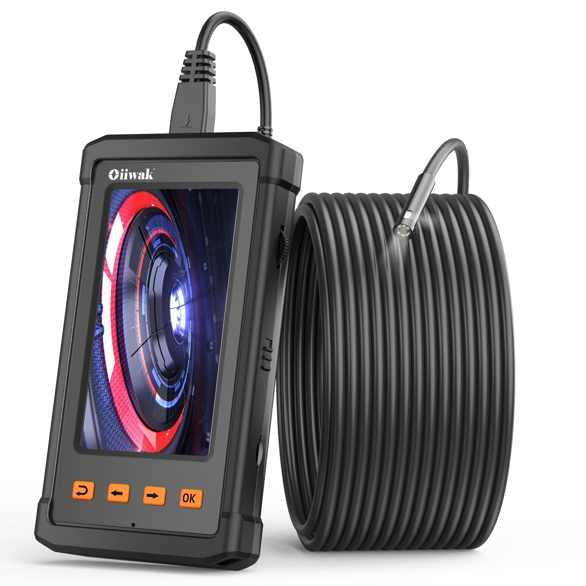 Oiiwak Dual Lens Endoscope for Industrial Sewer Pipe Drain Plumbing Inspection Camera Snake with Light IP68 Waterproof(15m)