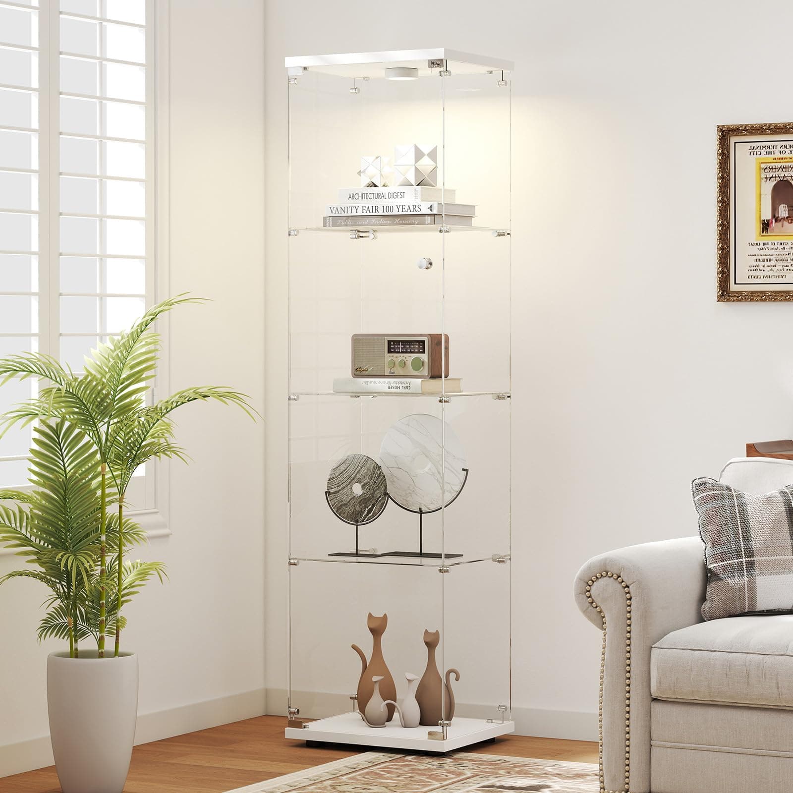 Zevemomo Tempered Glass Display Cabinet with Lights, 4-Tier Curio Cabinet with Glass Doors and Lock, Glass Display Case for Collectibles, for Living Room, Bedroom, Office, White, Single Door