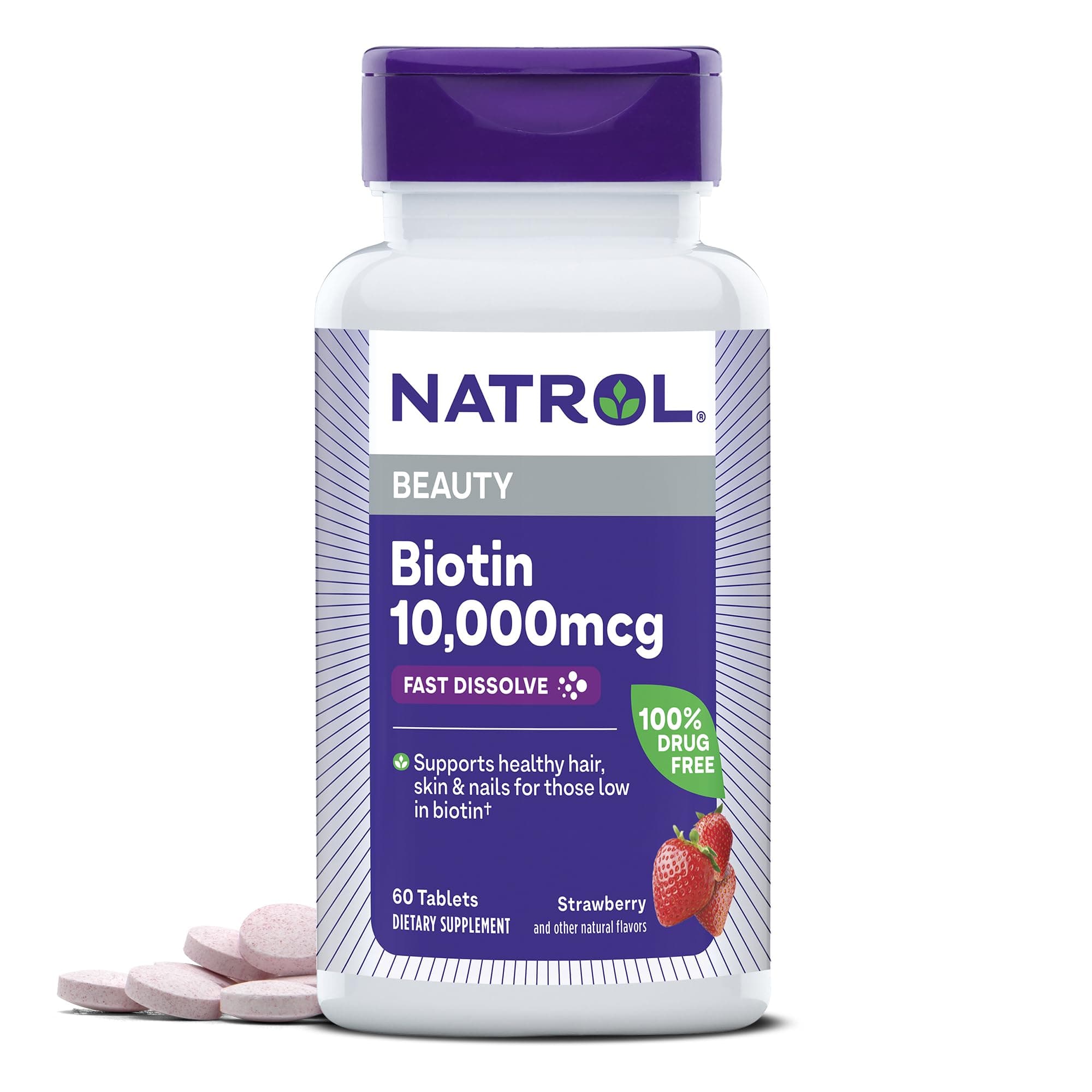 Biotin, Natural Strawberry Flavor, 10,000 Mcg, 60 Tablets