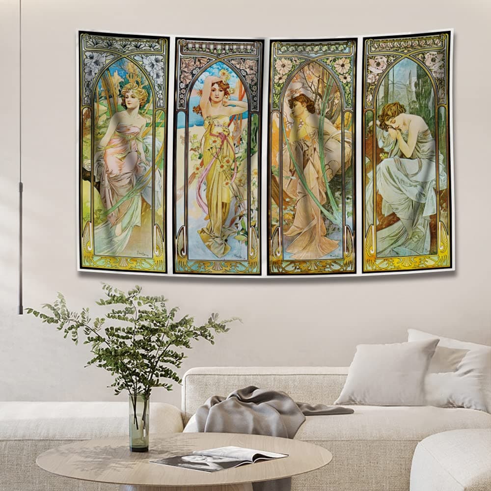 Tapestry Wall Hanging Art Home Decor, The Times of the Day Series by Alphonse Mucha Art Print Painting for Living Room Bedroom Bathroom Dorm