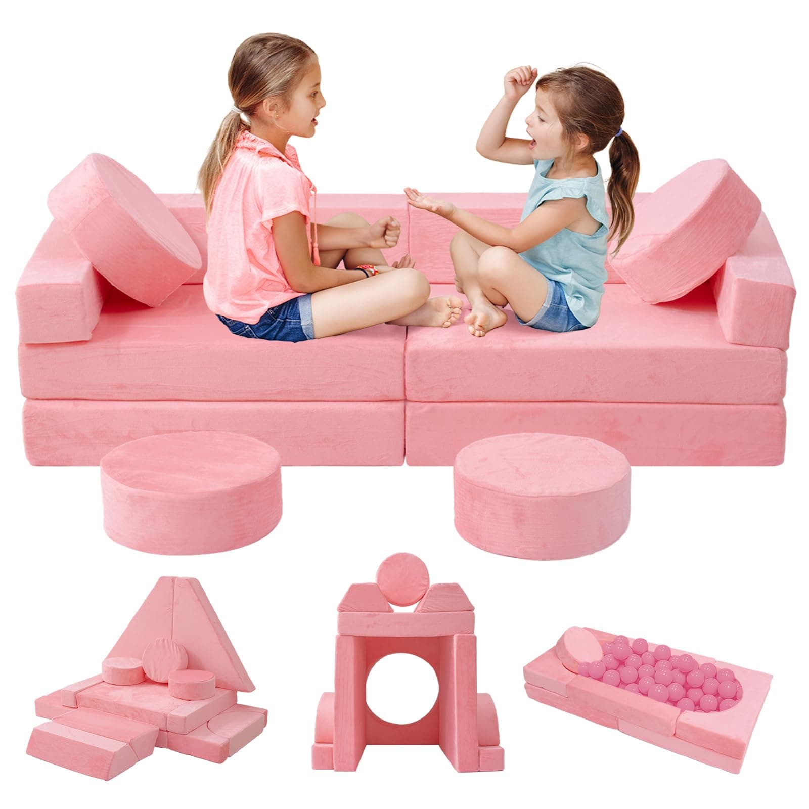 HOMFINE 16pcs Modular Kids Play Couch, Child Kids Couch Building Fort, Bedroom and Playroom Furniture for Toddlers, Convertible Foam and Floor Cushion for Boys and Girls, Pink