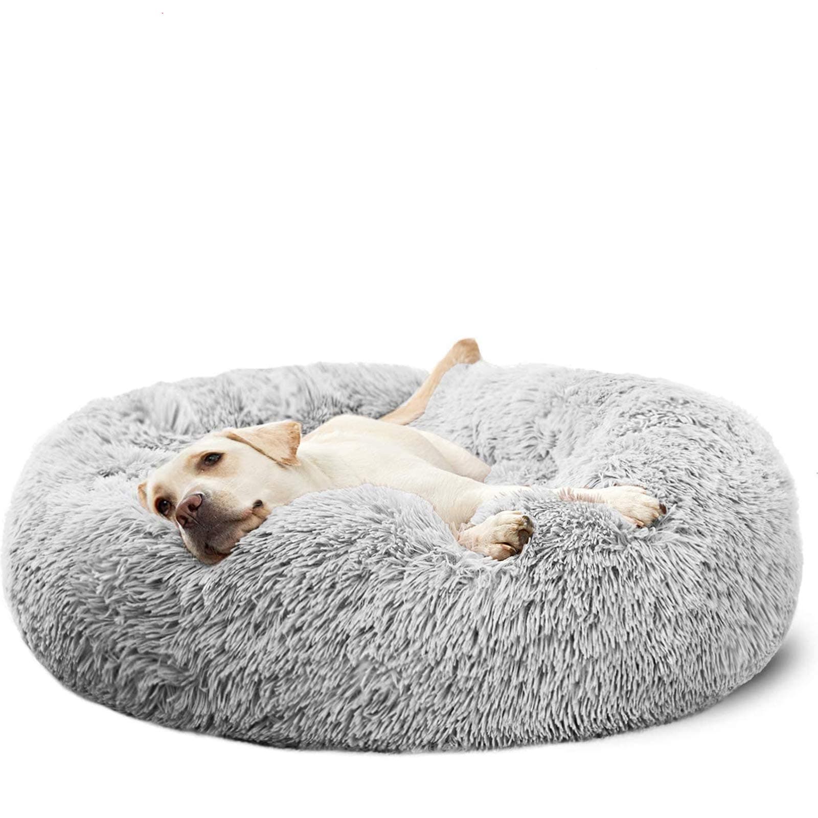 HACHIKITTY Calming Donut Cuddler Dog Bed, Round Fluffy Pet Bed for Large Dogs,Washable, Large, Gray, 30''