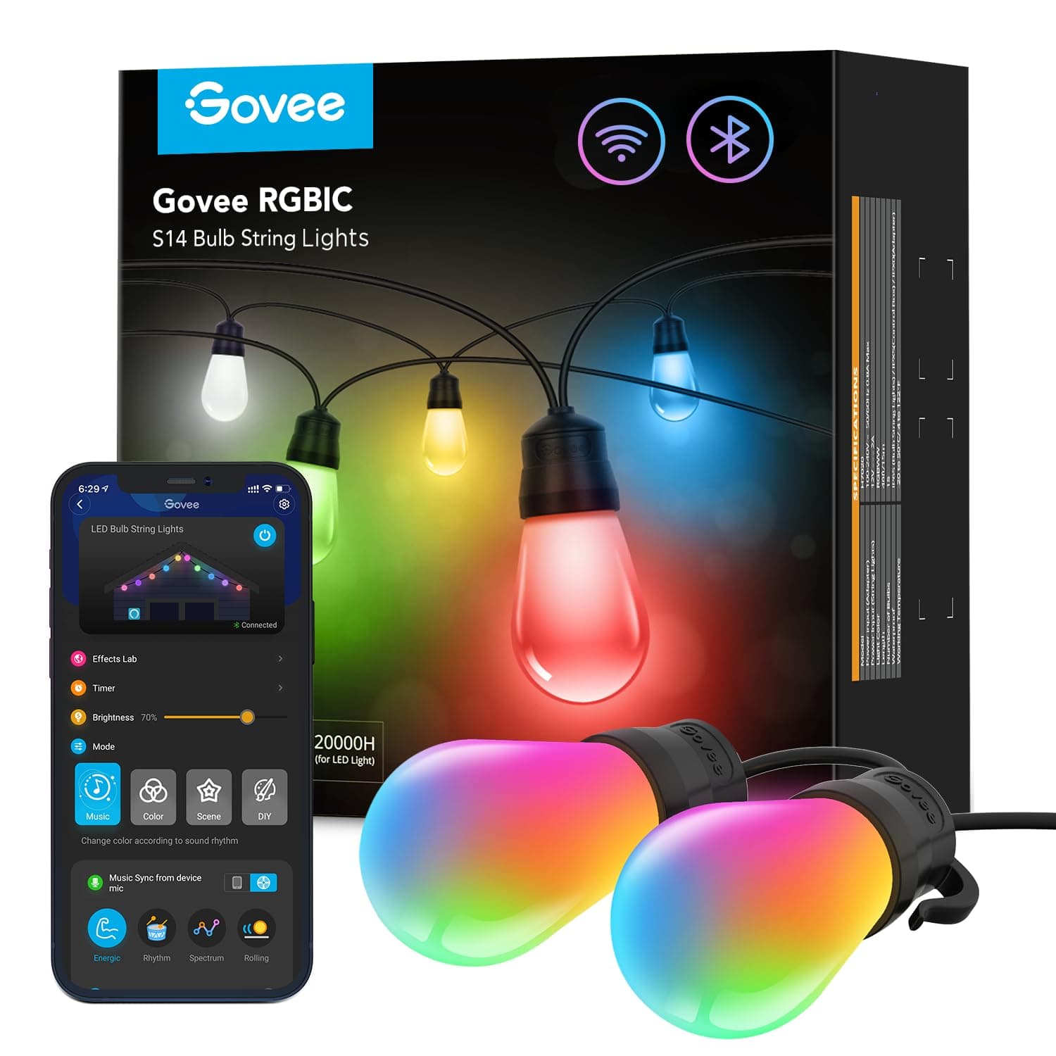 Govee Smart Outdoor String Lights H7020, RGBIC Warm White 48ft LED Bulbs for Outdoor Decor, WiFi Patio Lights Work with Alexa, Google Assistant, APP Control, IP65 Waterproof