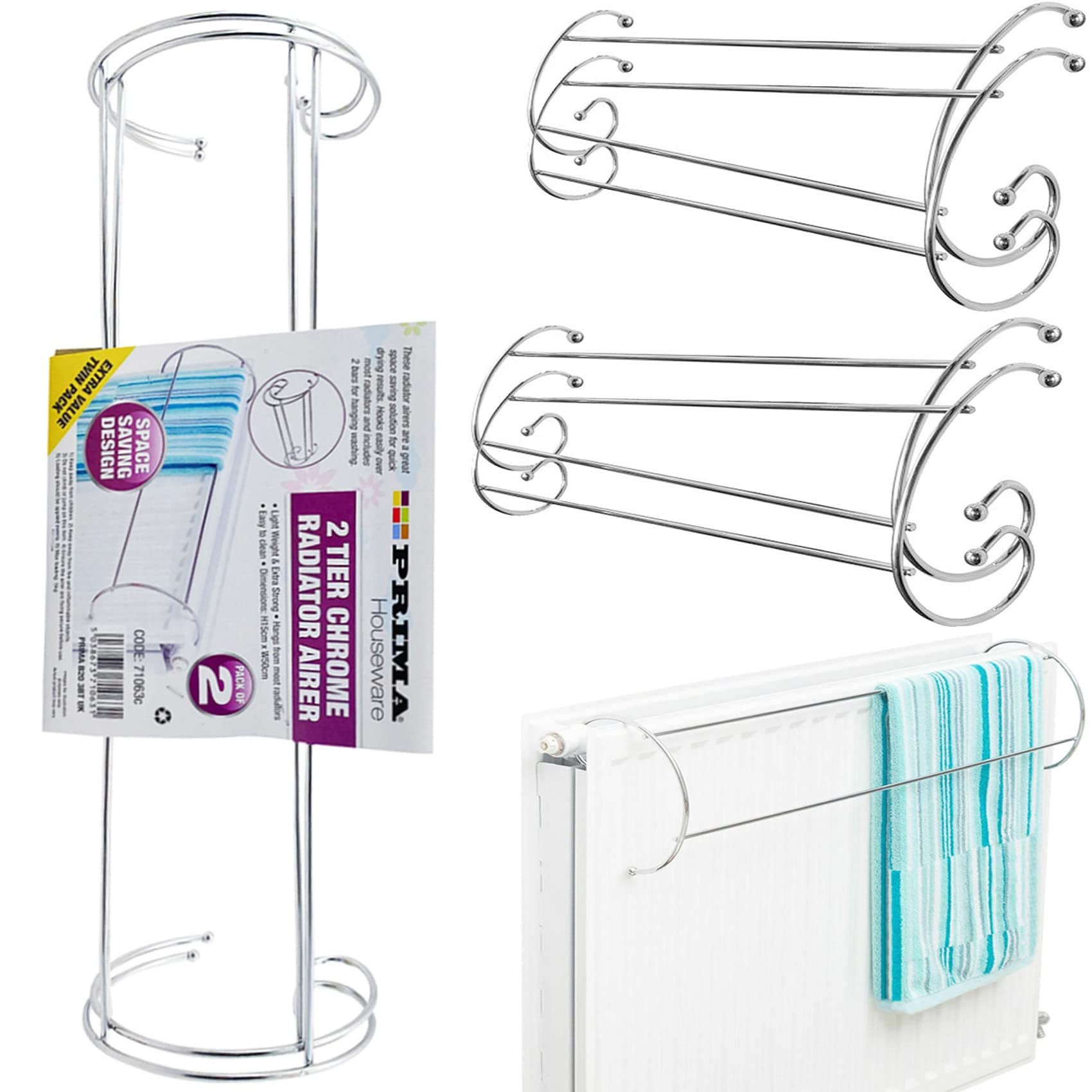 NTI 2 Tier | 2 x CHROME Radiator Clothes Airer Drying Rack | PRIMA Washing Line Hanging Towel Laundry Lightweight Space Saving Design Home Kitchen Indoor Storage & Organisation UK FREE P&P, Silver