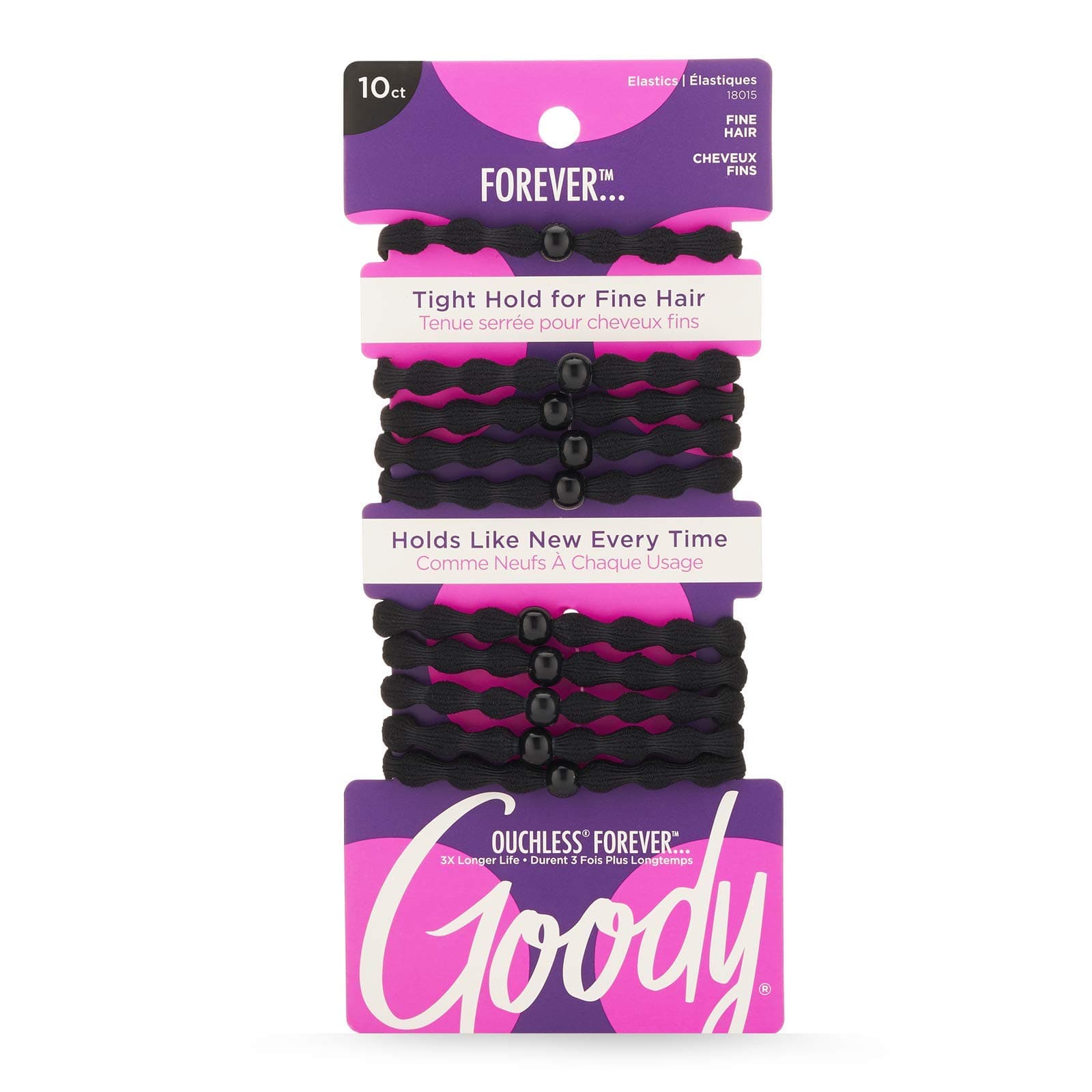 Goody Ouchless Forever Fine Hair Elastics - 10 Ct, Black, Damage-Free Bands, 3X Stronger Hair Ties, Retainable Shape, 16 Strand Inner Core, Hair Accessories for Women & Men