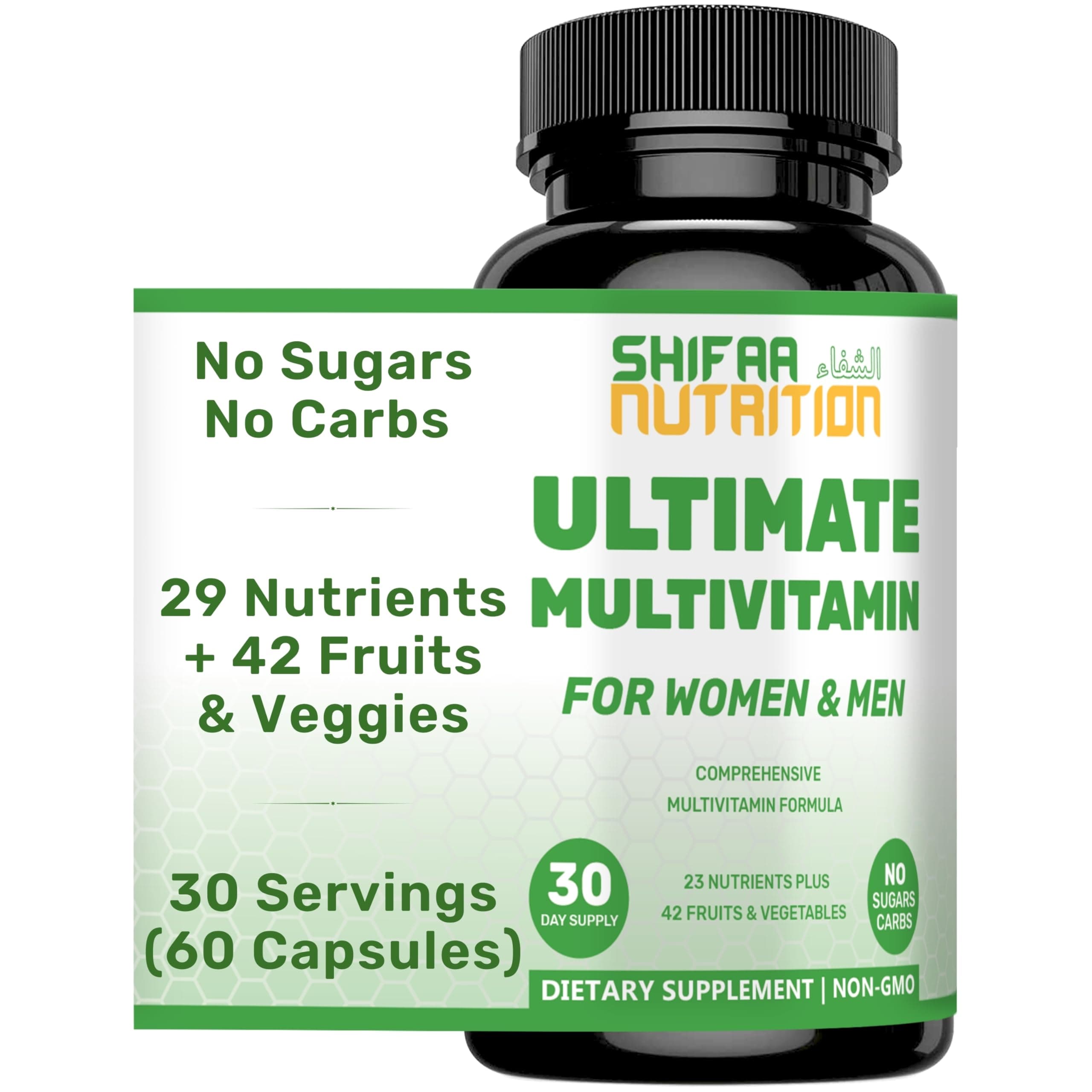 SHIFAA NUTRITION Halal Multivitamins for Women, Men & Adults, 30 Servings | Iron, Vitamin A, B6, B12, Biotin, Niacin, C, D3, E, Zinc, Calcium, Folic Acid, CoQ10 | Halal Vitamins