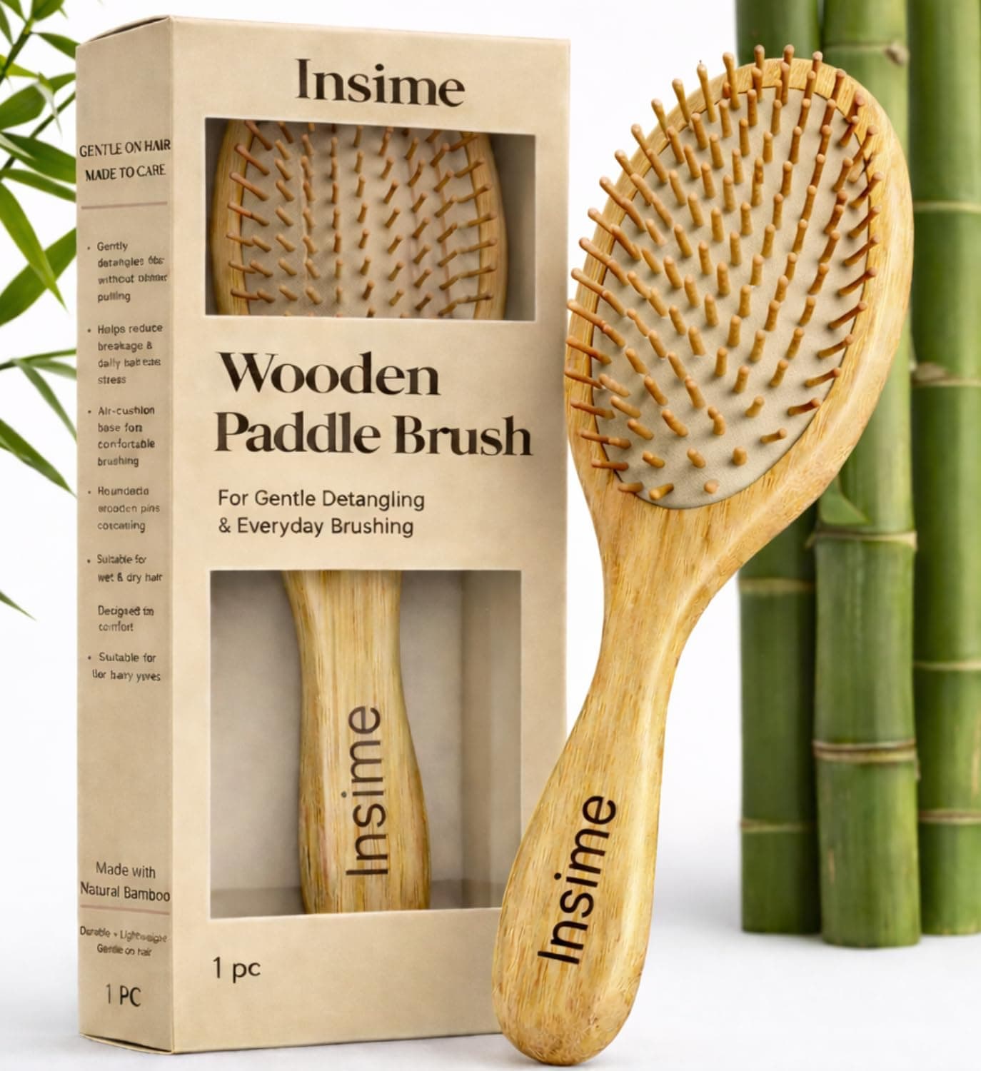 INSIME Wooden hair brush for Women & Men – Bamboo wooden Paddle hair brush for men women Curly hair – Bamboo Wooden brush for hair growth with flat paddle brush comb