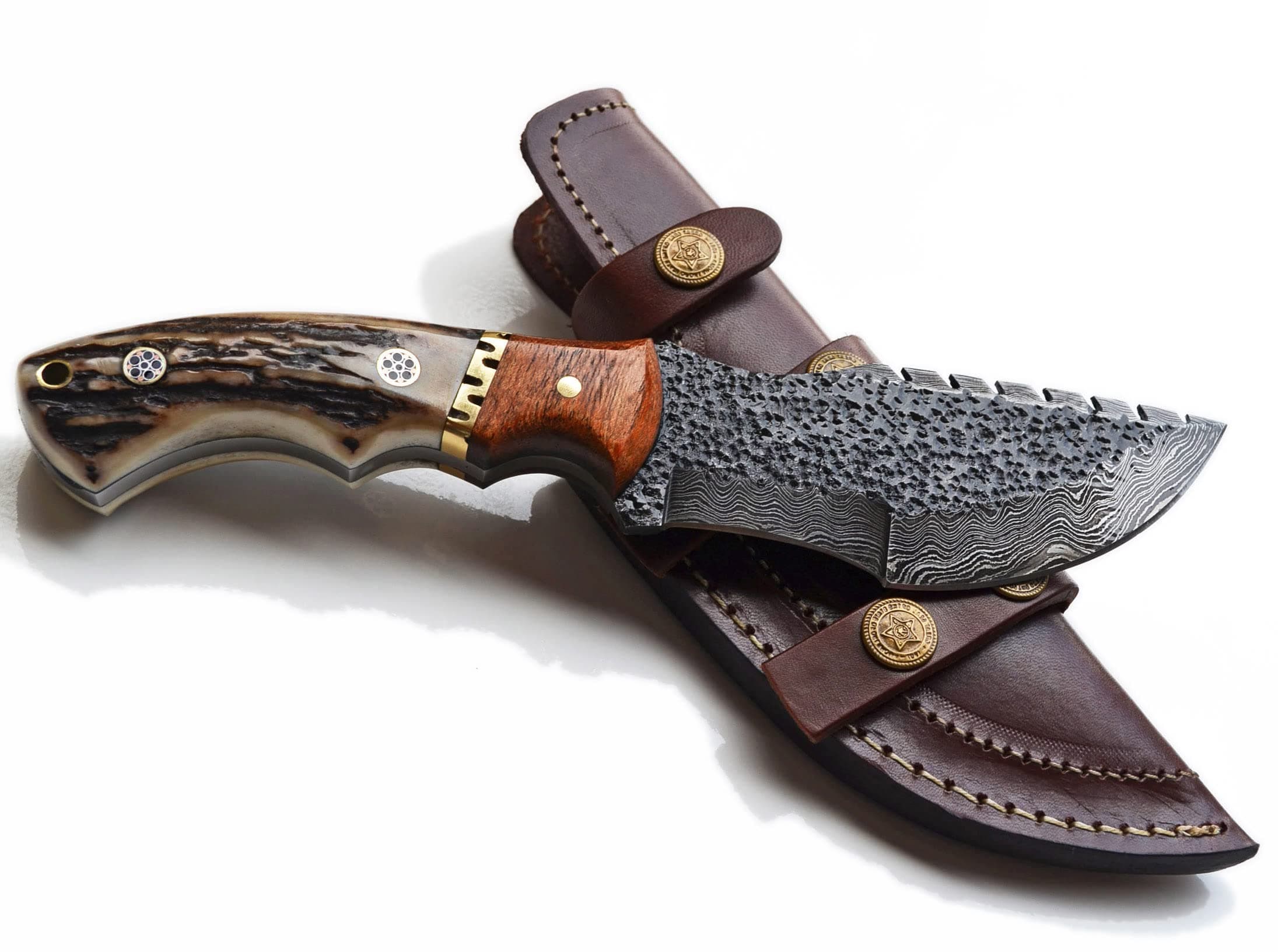 Damascus Hunting Knife with Stag Antler Handle and Leather Sheath (Damascus Tracker, 4.5 Inch Blade)