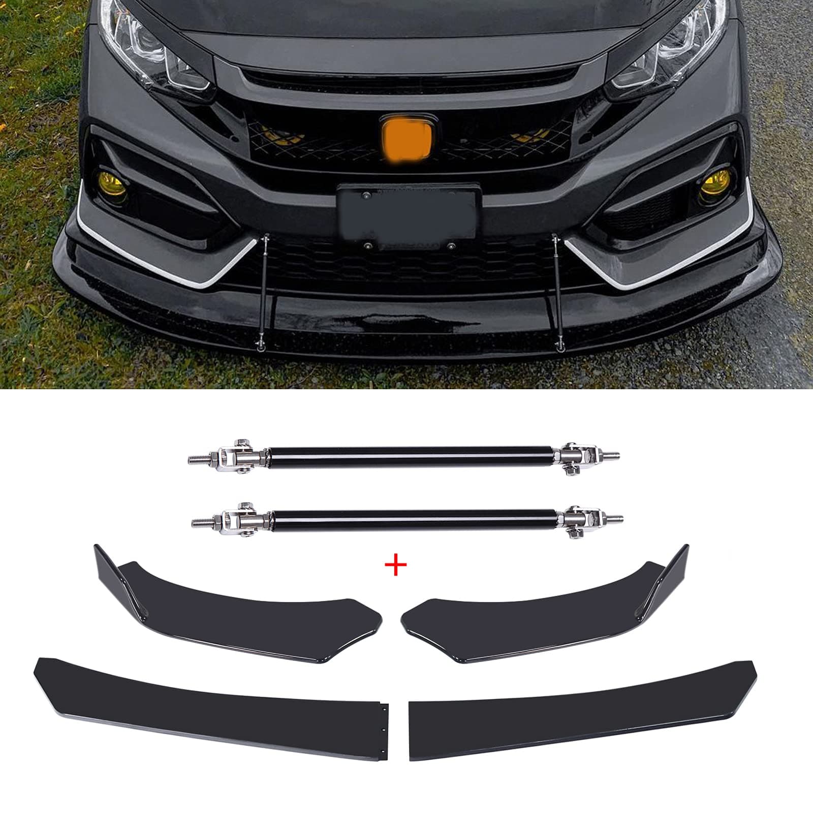 - Rich Choices Universal Front Bumper Lip,Gloss Black Front Lip Spoiler Bumper Splitter Body Kit with Strut Rod Compatible with Honda Civic Accord Dodge Charger Mustang Volkswagen MK5 MK6 MK7