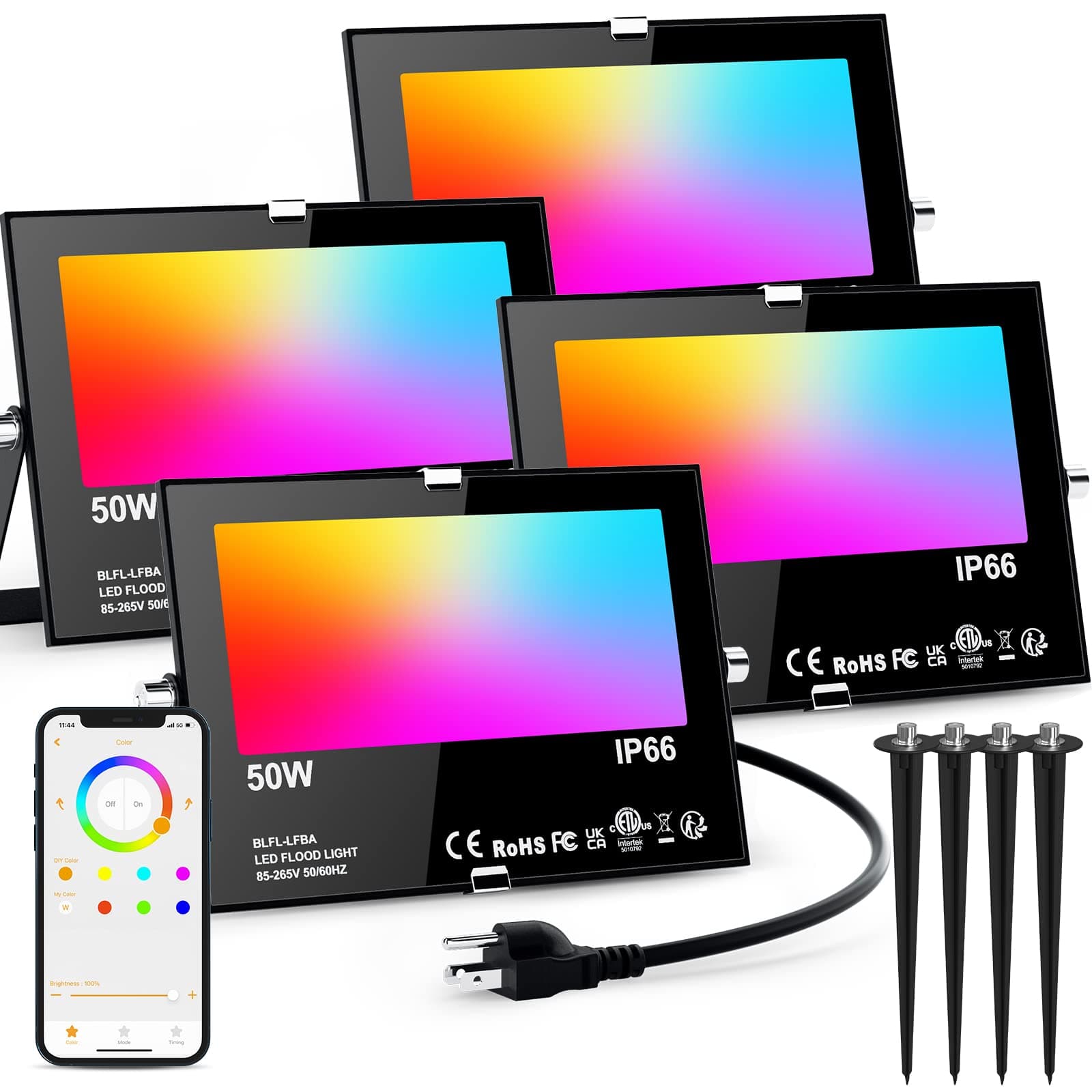 Flood Lights Outdoor RGB with Stake, 500W Equivalent Smart Color Change & Daylight 5700K Landscape Light, IP66 Patio Lights via App Control, Indoor Ambient Lighting, DIY Scenes/Music Sync/Timing-4Pack