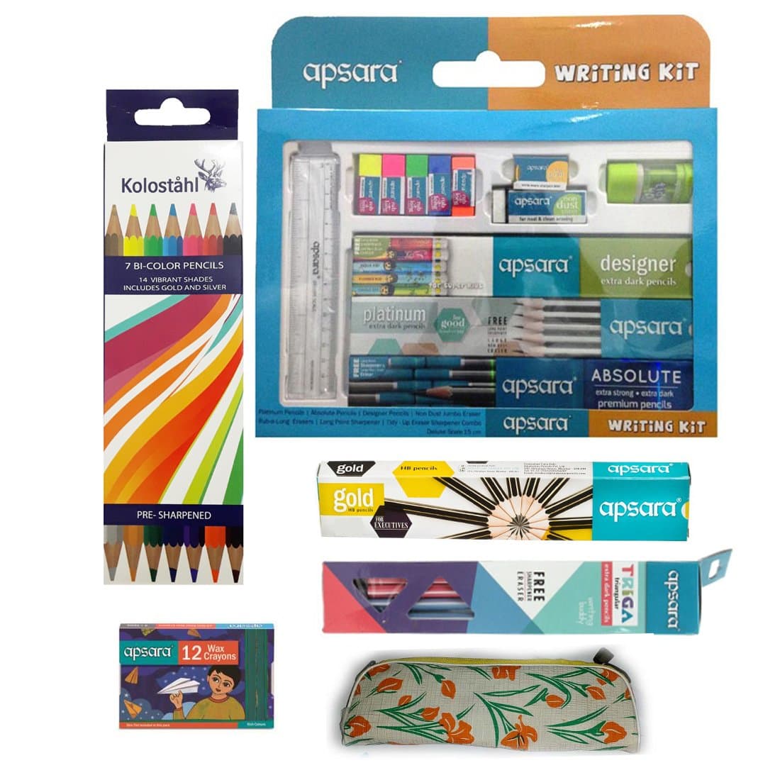 Apsara Triga Pencil With 10 Apsara Gold Pencil,1 Apsara Writing Kit, 1 Set of Apsara 12 Wax Cryons &1 Set of Kolostahl 12 Bi Colour Pencils(Combo)
