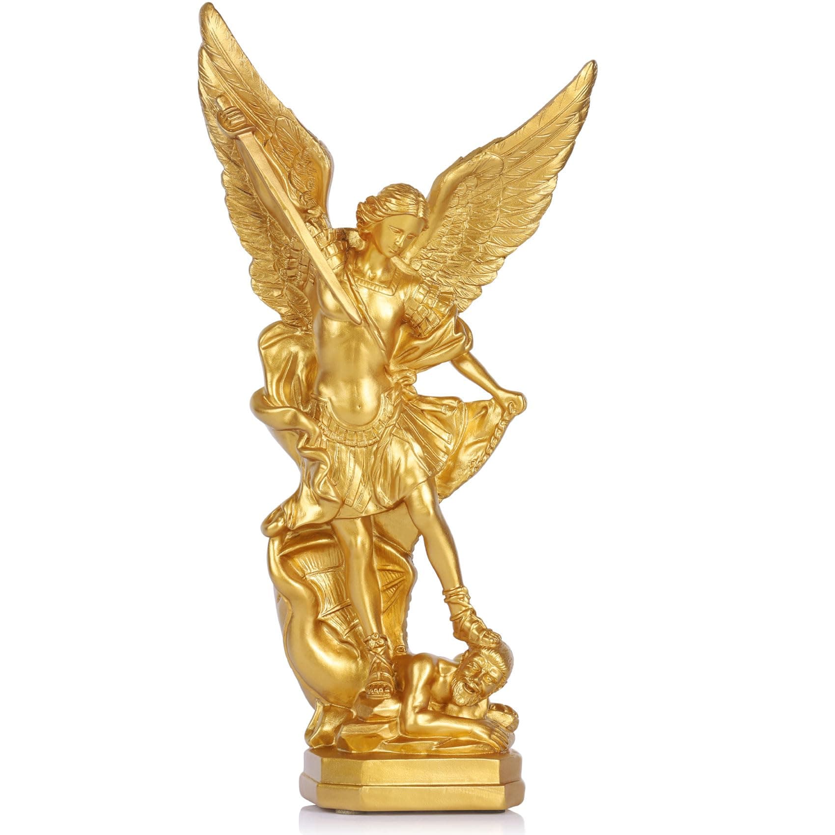 QIANLING12.5in Gold San Miguel Arcangel Statue, St Michael Statue in Resin, Religion St Michael The Archangel victoriously Over Satan Collection Figurines, Suitable for Collection or Decor