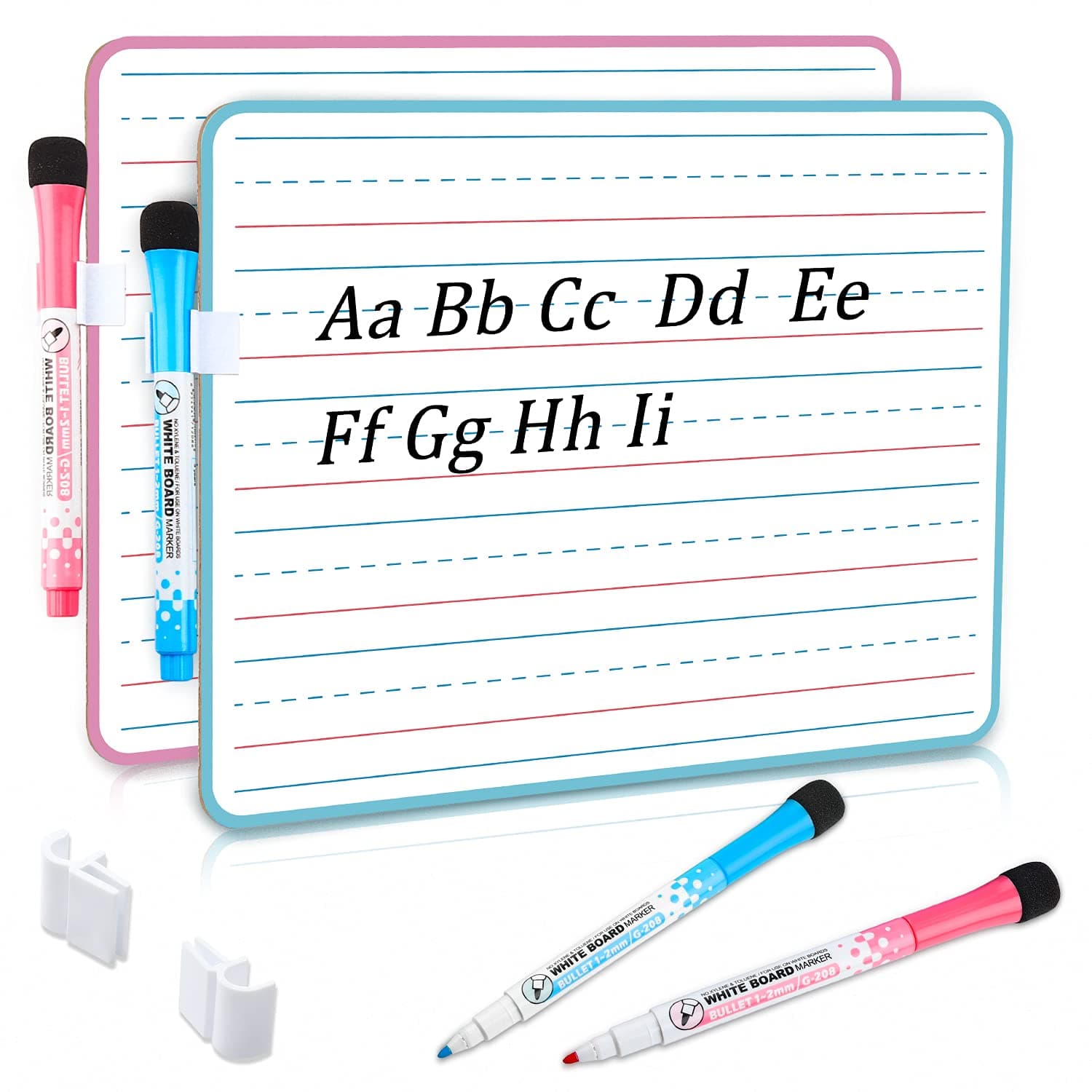 White Board for Kids, 2PCS Double Sided Small Dry Erase White Board with 4PCS Markers and 4PCS Clips, Durable Portable White Boards for Kids Home and School