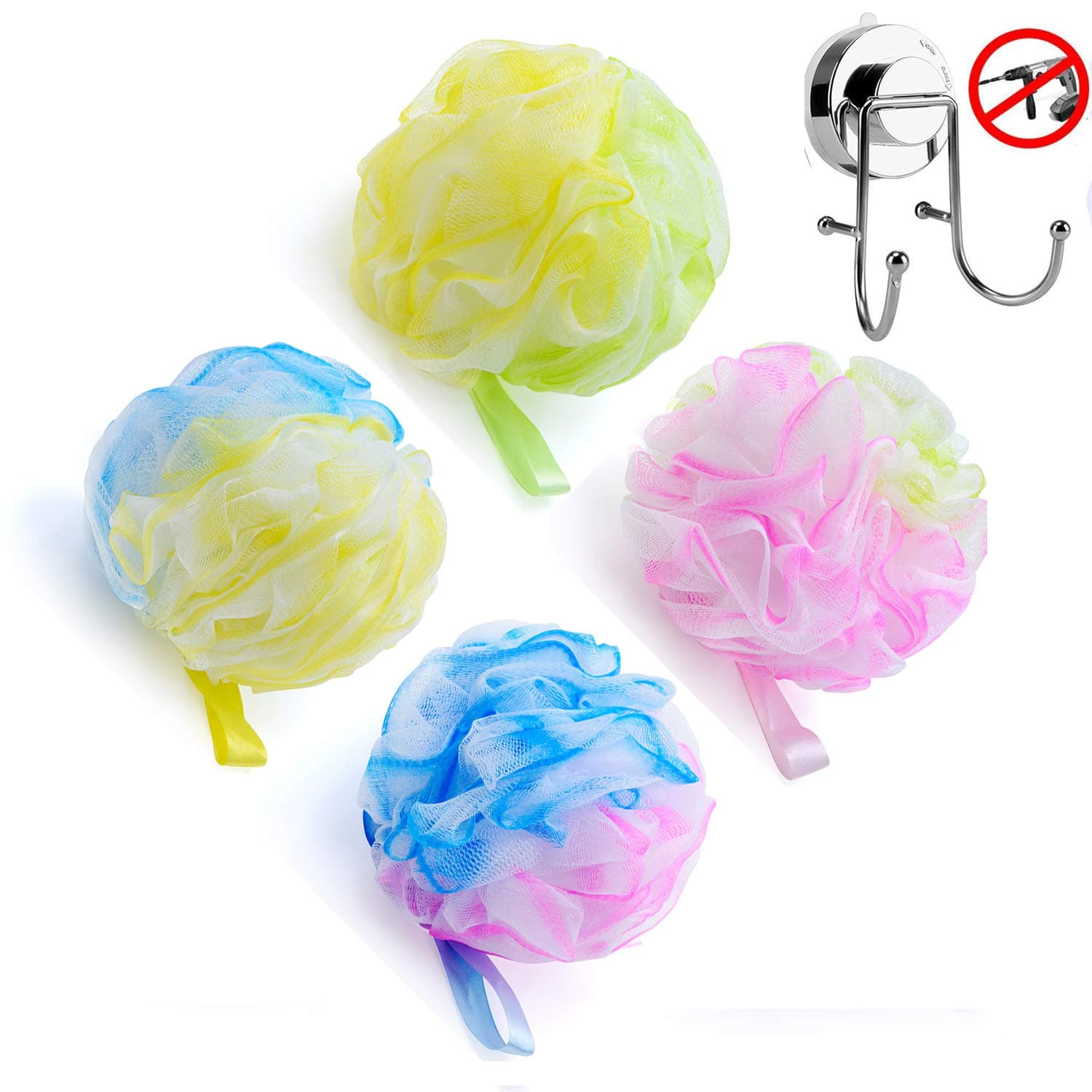 Set of 4 Loofah Bath and Shower Sponge, 60g/Pcs, Exfoliating Mesh Pouf Bath Sponge Ball, with 1 Vacuum Suction Hook