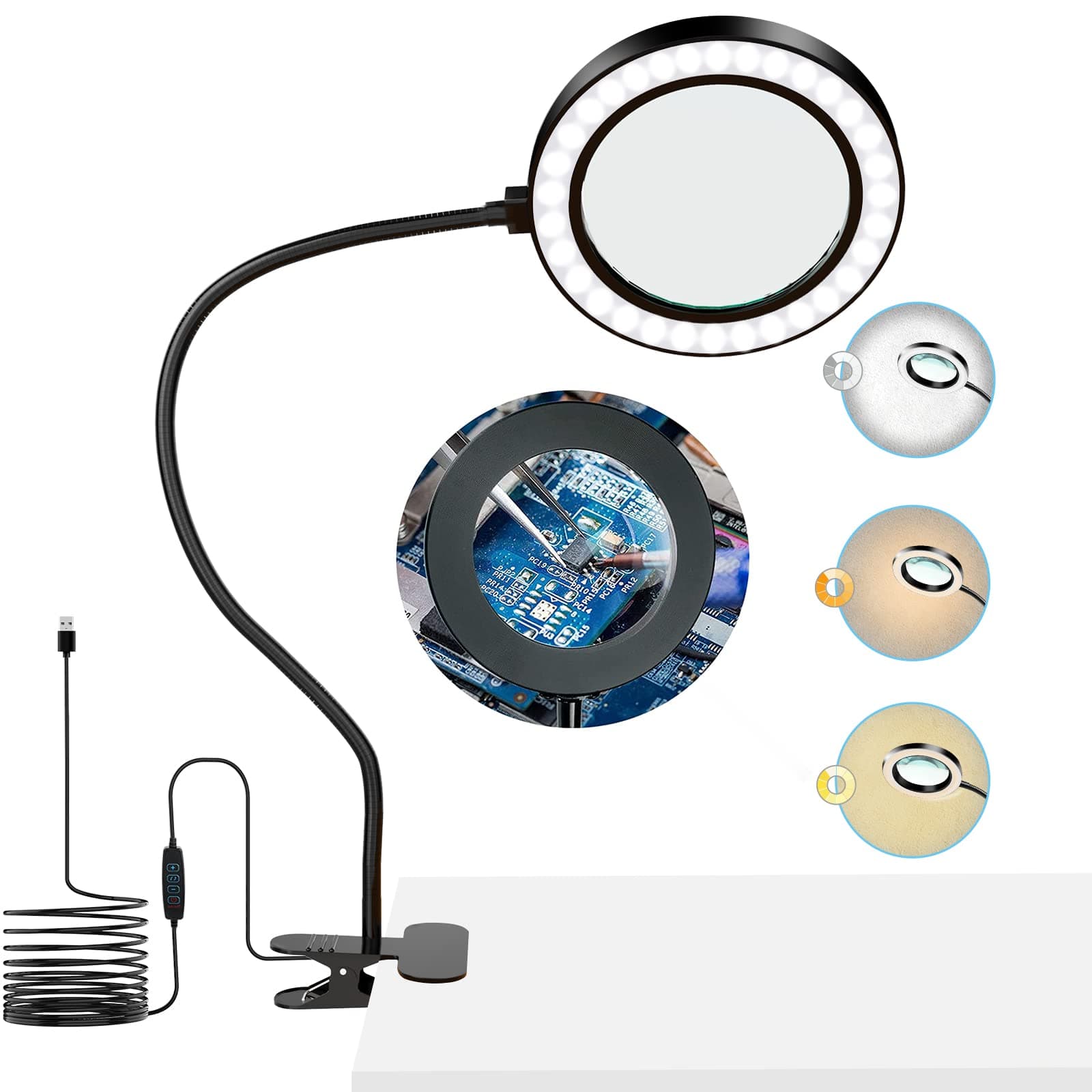 10X Magnifying Glass Lamp with Light, Magnifier Light with Clip, 3 Color Modes Stepless Dimmable & 10 Brightness Levels, Adjustable Swivel Arm Magnifier for Close Work, Reading, Crafts, Repairing…