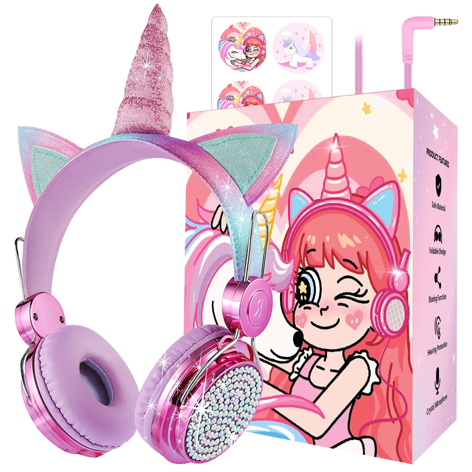 Kids Unicorns Headphones with Mic for School/Travel,95dB Volume Limited,Shareport,On/Over Ear Wired Headsets with Nylon Cable-Hot Pink