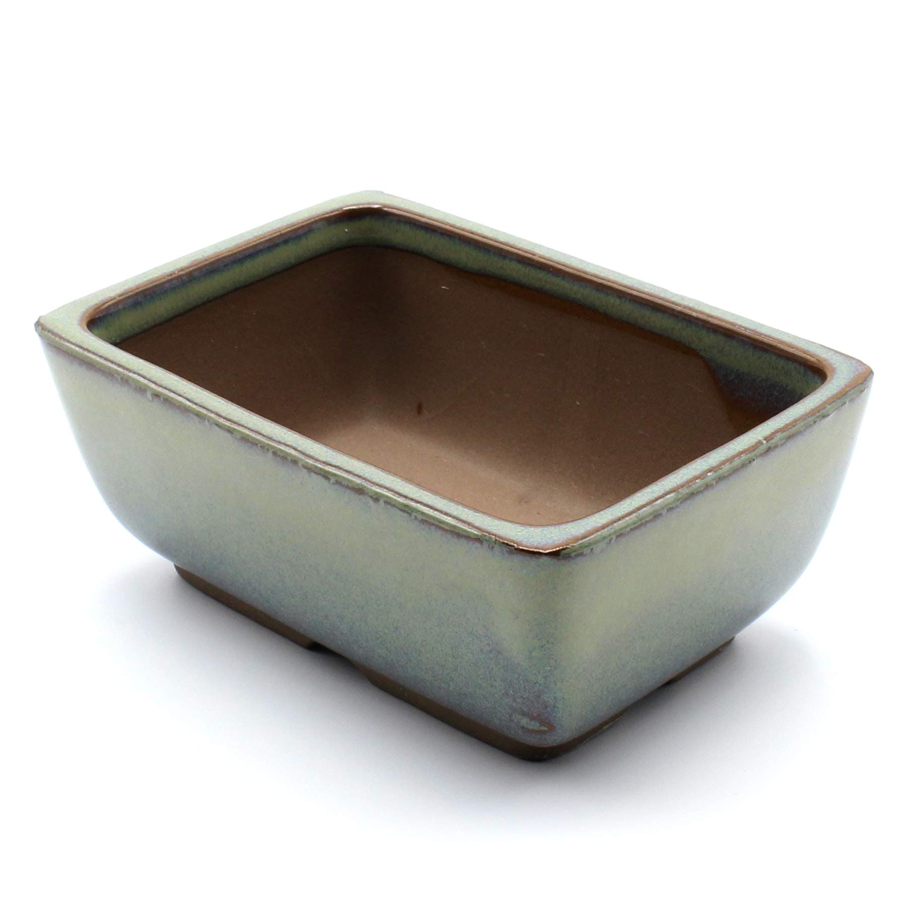 Bonsai Pot Ceramic Rectangle Round Shaped Corners Moss Green Glazed (4.75", Oribe-Yu)