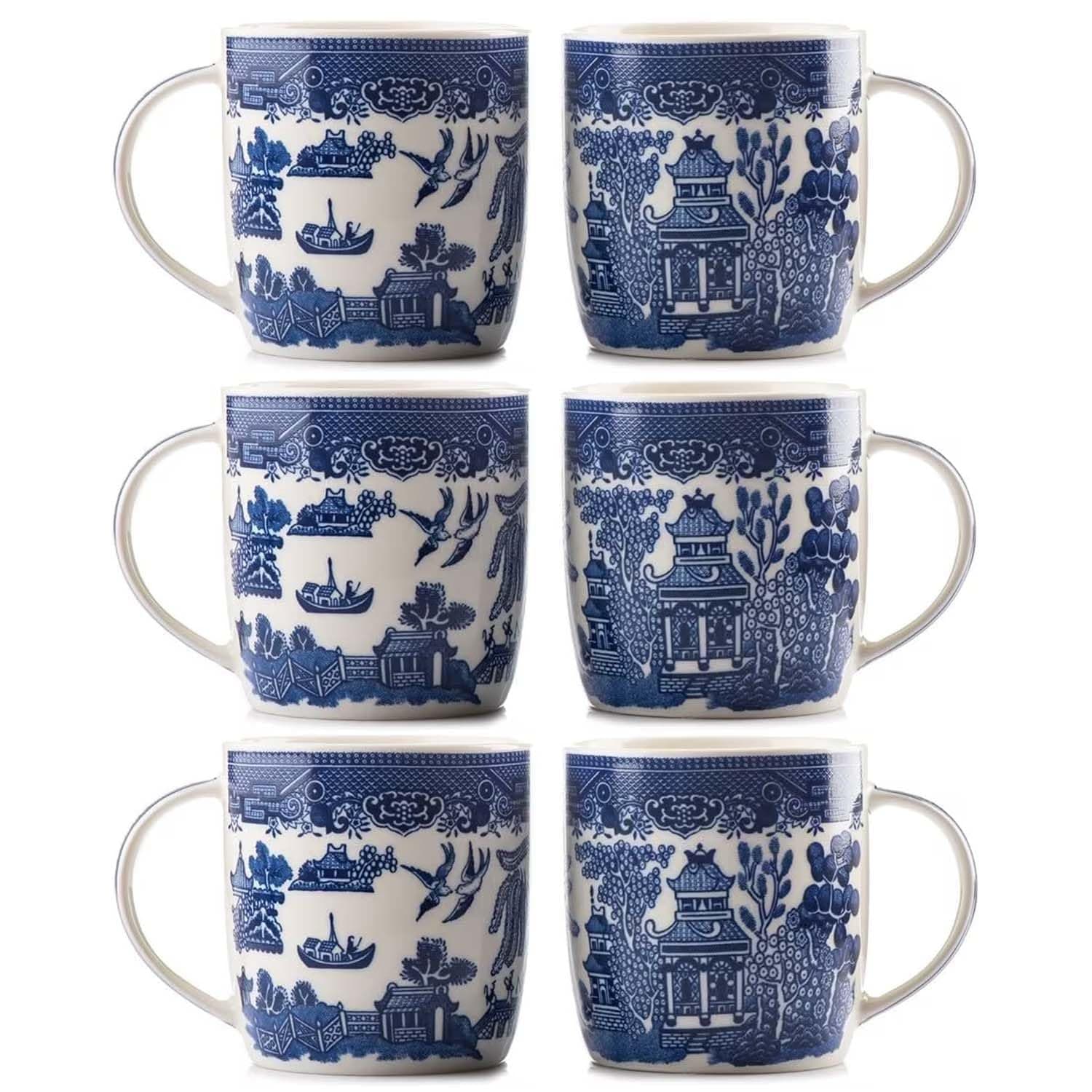 Blue Willow Barrel Mugs Set of 6, 340ml Bone China Coffee Mug Oriental Style Coffee Cups with Handle for Milk Tea Hot Cocoa (9 x 8.5cm)