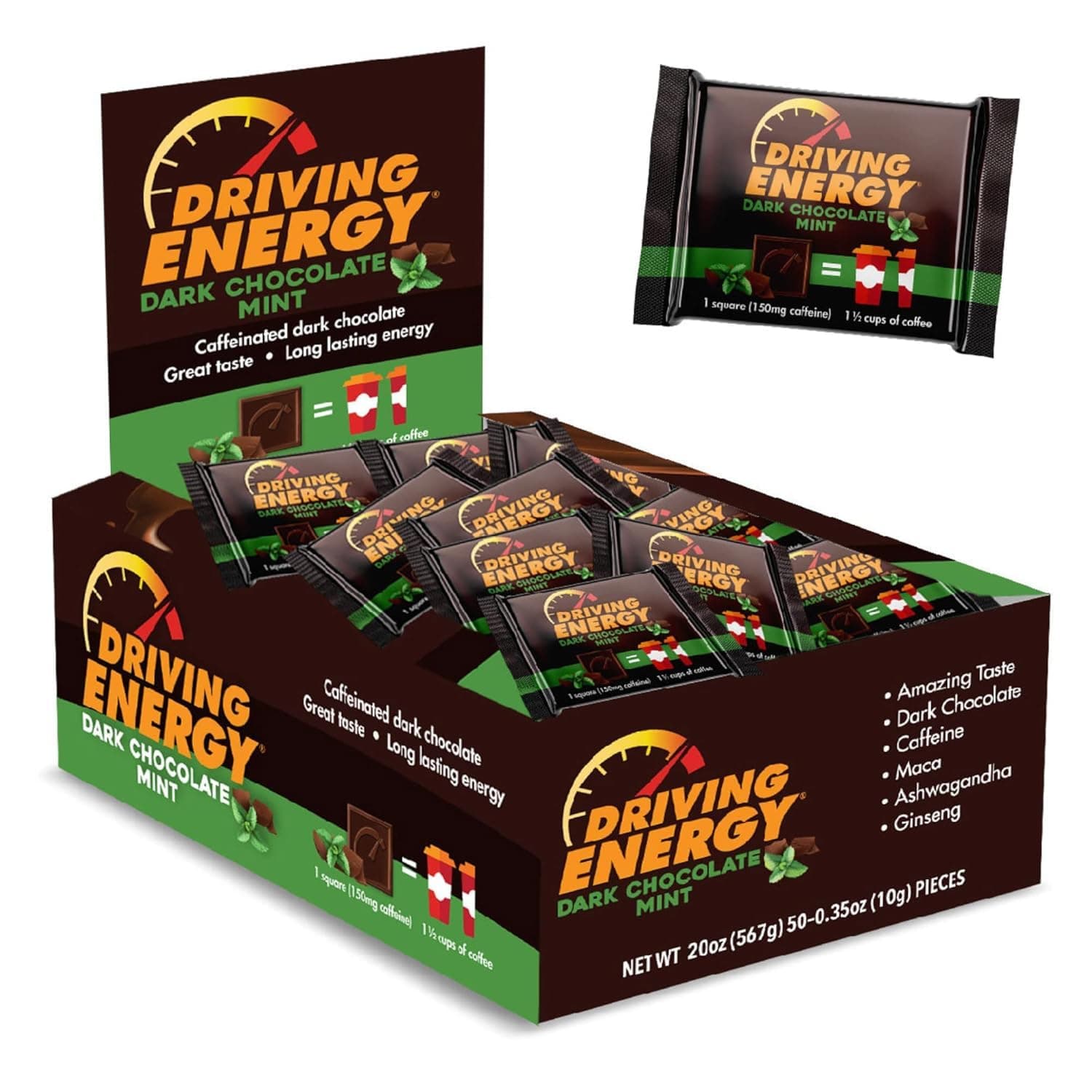 Driving Energy - Caffeinated Energy Bite Size - Dark Chocolate Mint Energy Fuel with 150mg Caffeine - Long-Lasting Energy for Gym, Workout, Adults - Great Taste - Low Carb - Healthy Snack - 50 Count