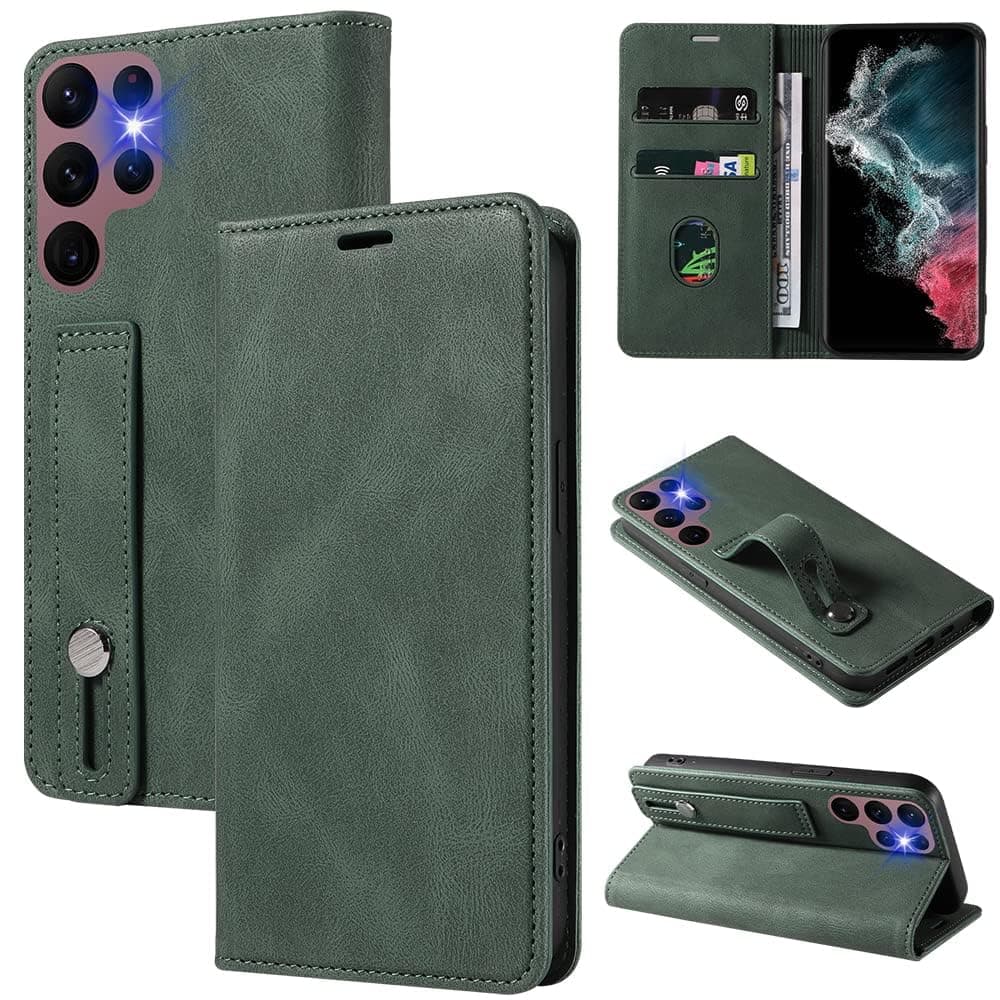 PUCHEN Compatible with Samsung Galaxy S23 Ultra Case, with Card Holders Strap Bumper, Wristband PU Leather Wallet Kickstand Card Slots Magnetic Folio Shockproof Cover for S23 Ultra (Green, S23 Ultra)