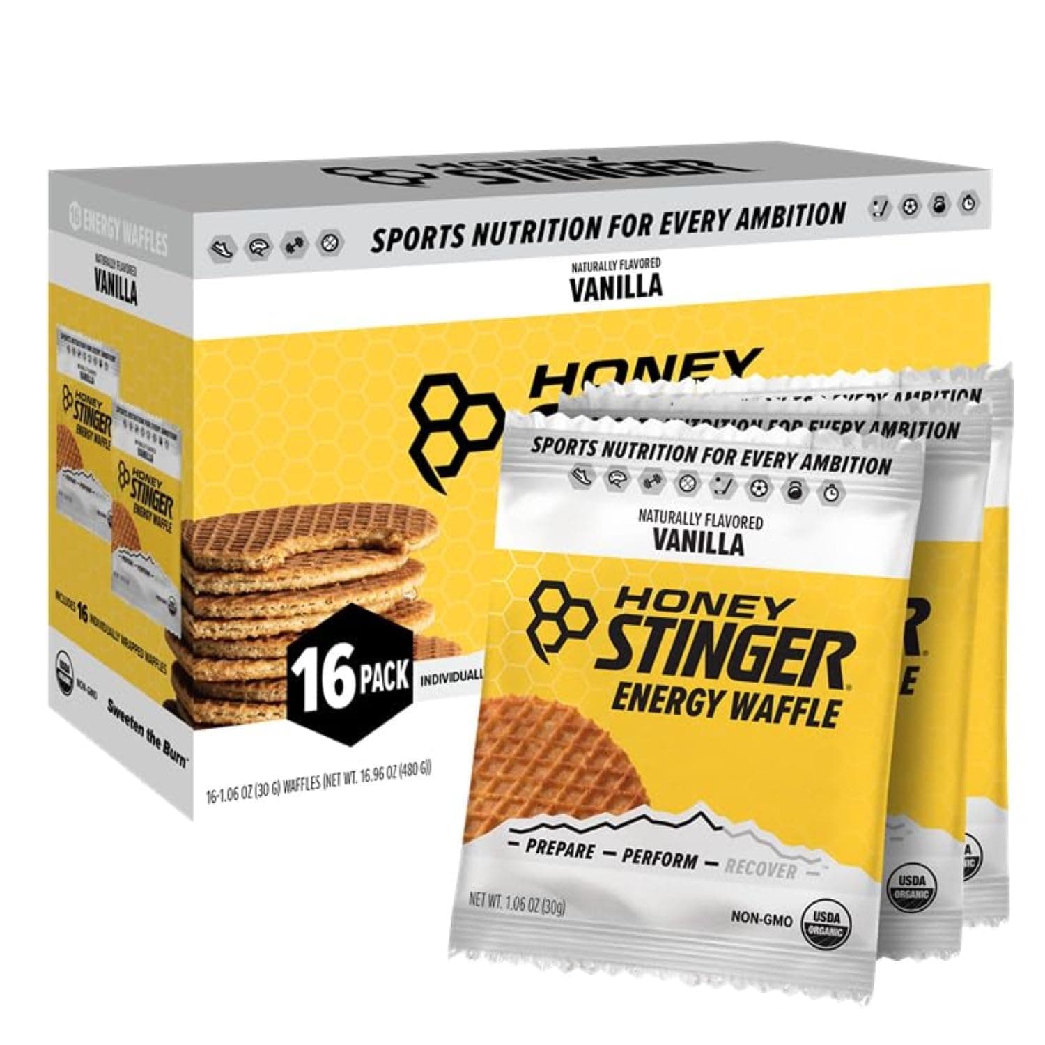 Organic Vanilla Waffle Energy Stroopwafel for Exercise, Endurance and Performance Sports Nutrition for Home & Gym, Pre and Post Workout Box of 16 Waffles, 16.96 Ounce