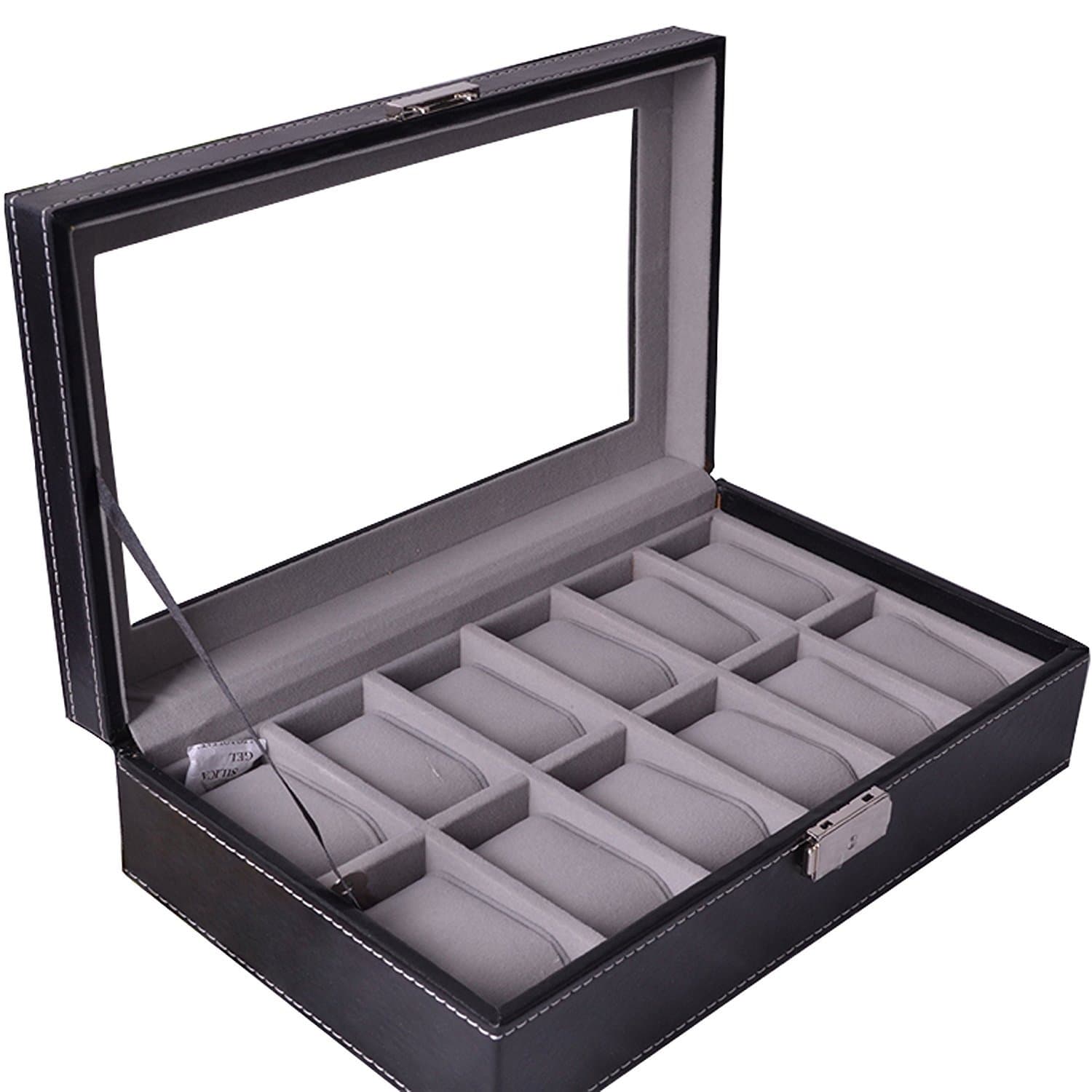 Vintage Style Watch/Jewelry Display Storage Box Case Lock & Key, Screen Cover 12 Grid