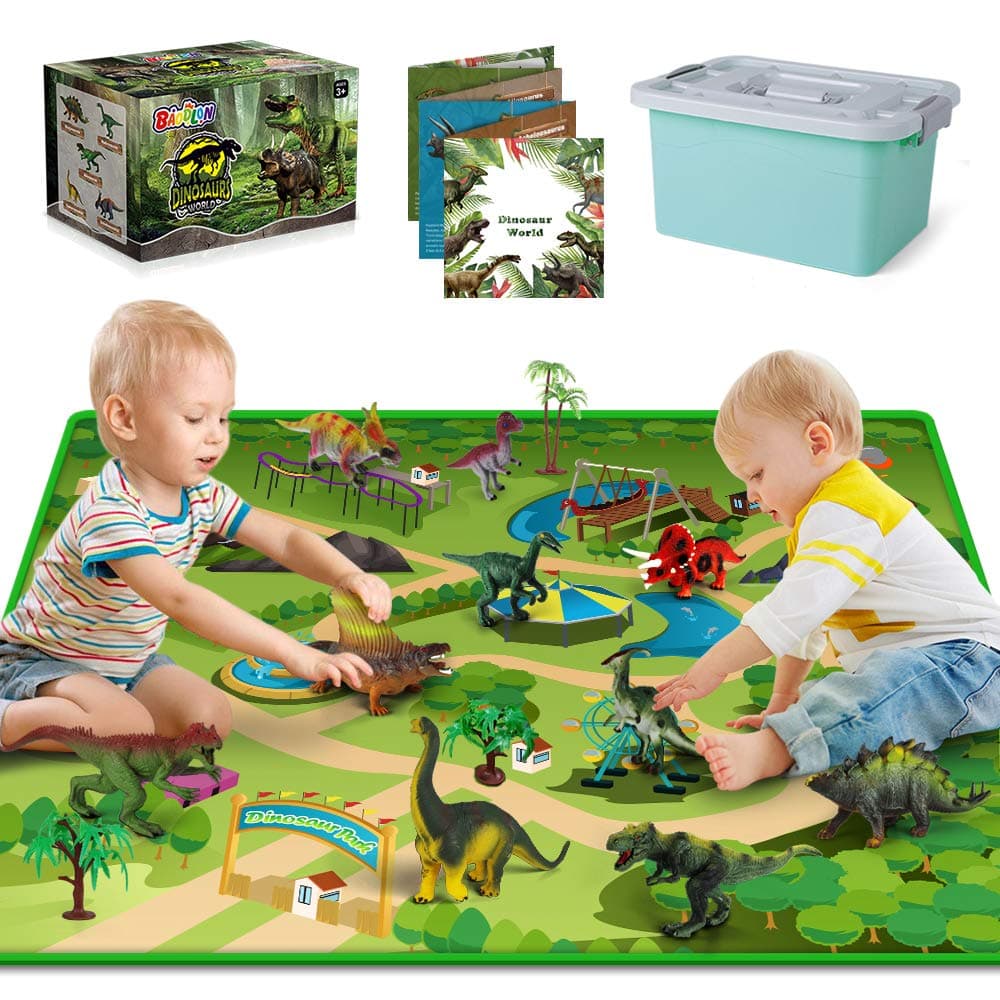Dinosaur Toys with 10 Realistic Dinosaur Figures, Activity Play Mat & Trees for Creating a Dino World Incl T-rex, Triceratops, etc, Dinosaur Playset Gifts for Kids, Boys & Girls 3, 4, 5, 6 Years Old