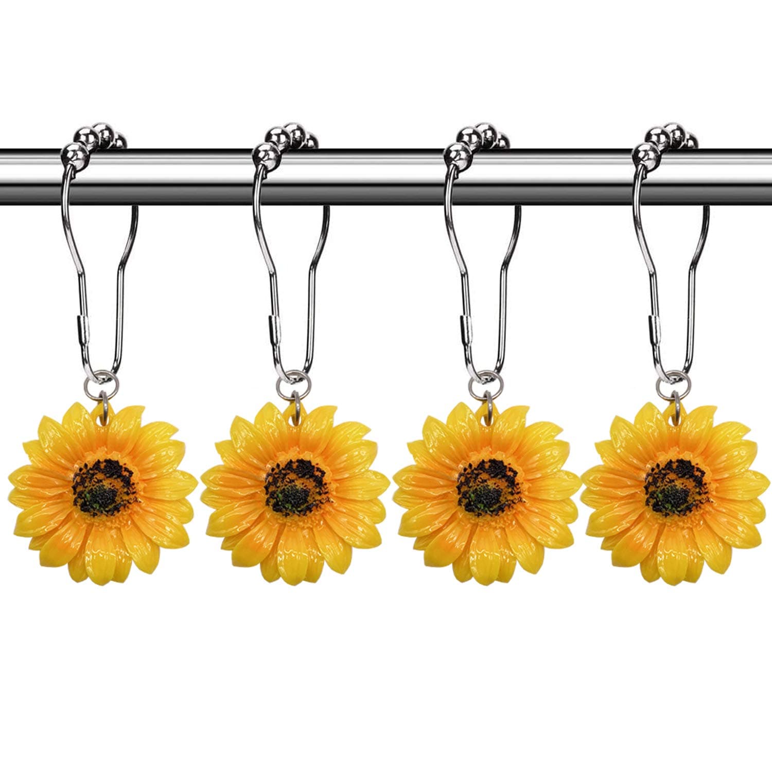 Flowers Shower Curtain Hooks Rings, 12 Pcs Decorative Rustproof Shower Rings for Bathroom Set (Yellow Sunflower)