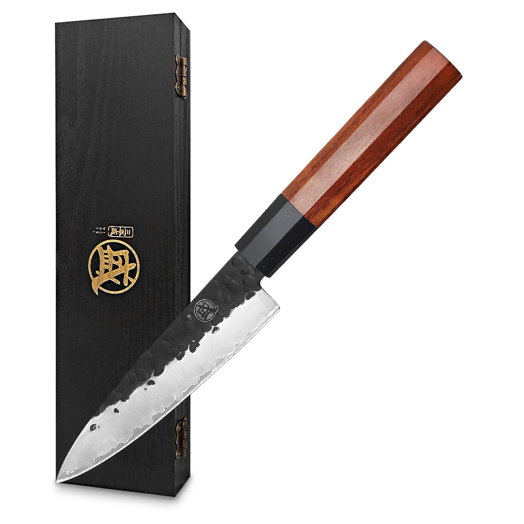 MITSUMOTO SAKARI Paring Chef Knife 5.5 inch - Hand Forged Japanese Fruit and Vegetable Knives, 3-Layer 9CR18MOV High Carbon Steel, Rosewood Handle & Sandalwood Box