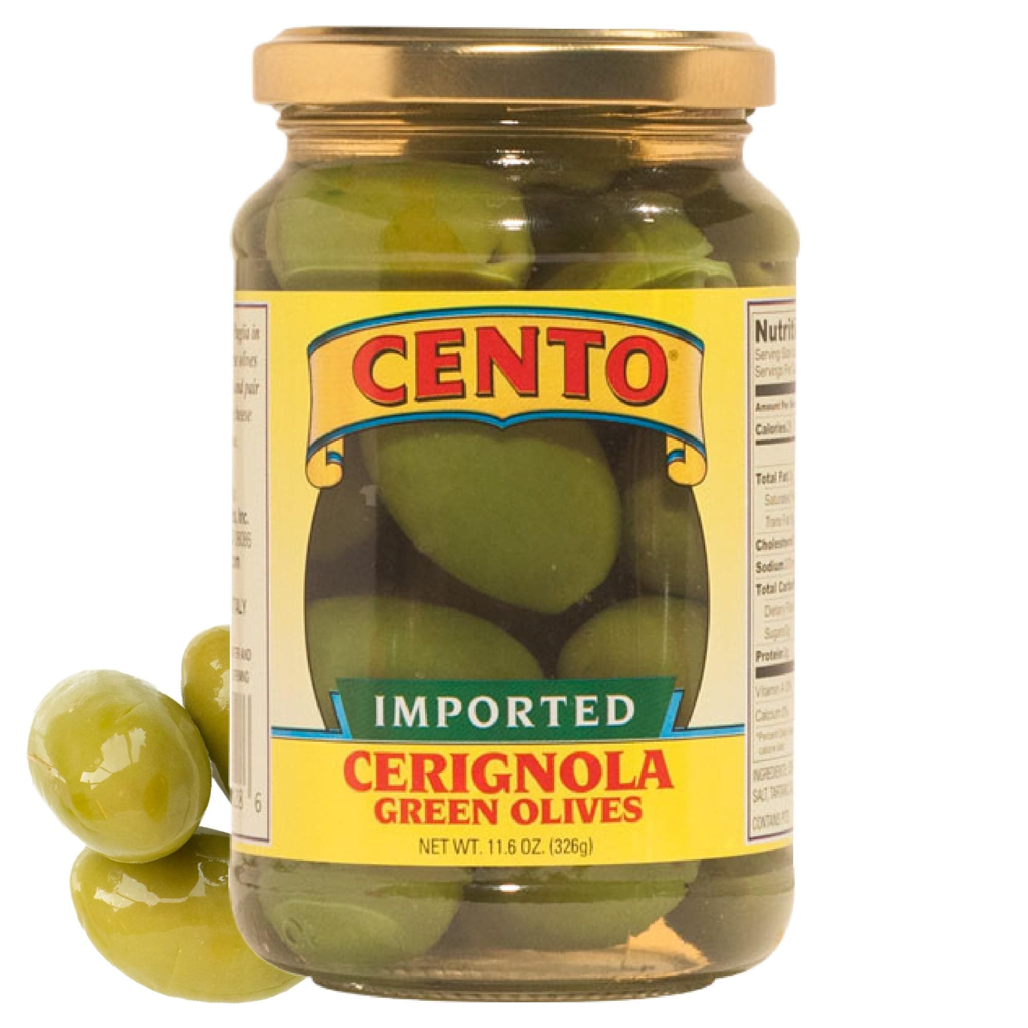Cento Imported Cerignola Green Olives, 11.6 Oz, Whole Jumbo Italian Olives in Brine for Antipasto, Salad, Charcuterie Board, Bruschetta, Imported from Puglia, Italy - Gluten-Free, Non-GMO