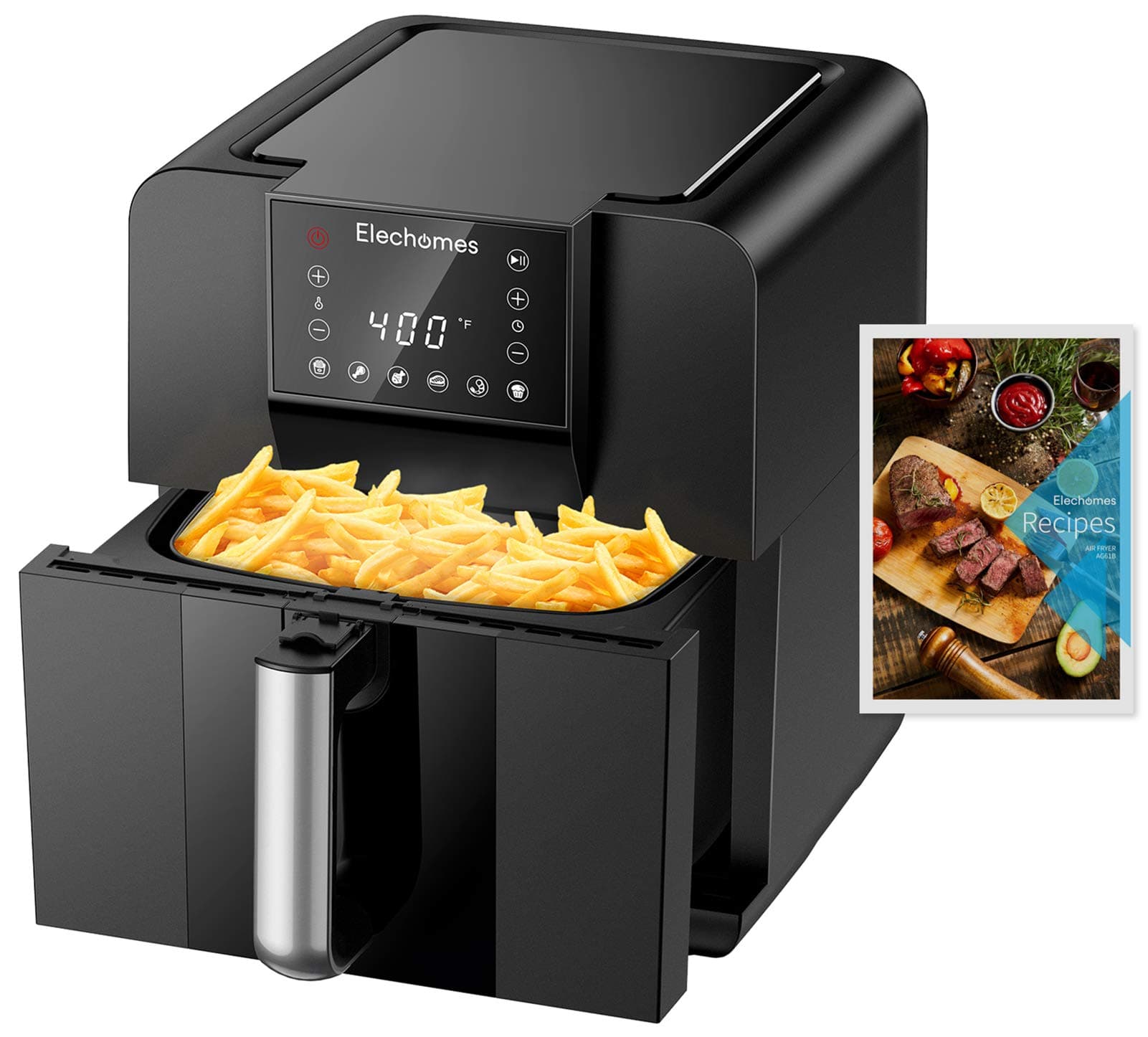 Elechomes AG61B Air Fryer, Max XL 6.3 Quart Oilless Electric Oven with Free 120 Recipes Book, Double Fan Design for Rapid Evenly Heating, LED Digital Touchscreen with 6 Smart Presets, BPA-Free Nonsti
