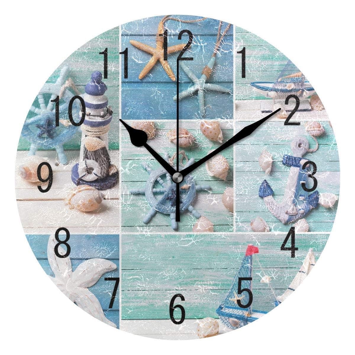 NMCEO Round Wall Clock Summer Anchor Ship's Wheel Starfish Acrylic Original Clock for Home Decor Creative