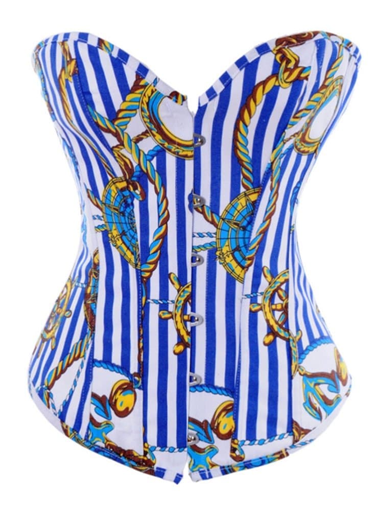 Women's Blue Peony Printing Overbust Lace Up Back Corset Top