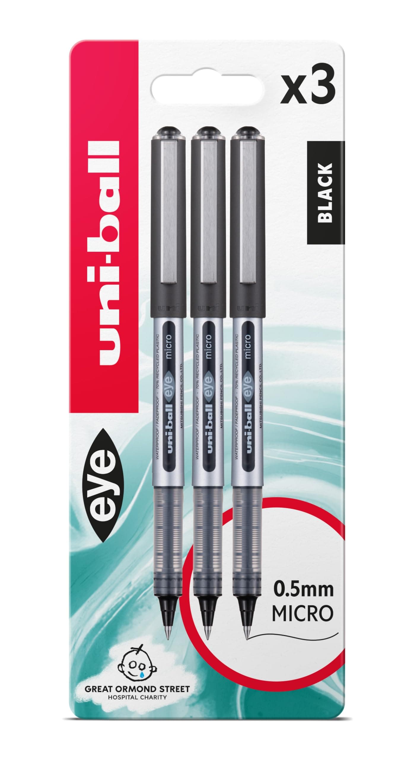 UB-150 Eye Black Rollerball Pens. Premium Micro 0.5mm Ballpoint Tip for Super Smooth Handwriting, Drawing, Art, Crafts and Colouring. Fade and Water Resistant Liquid Uni Super Ink. 3 Pack