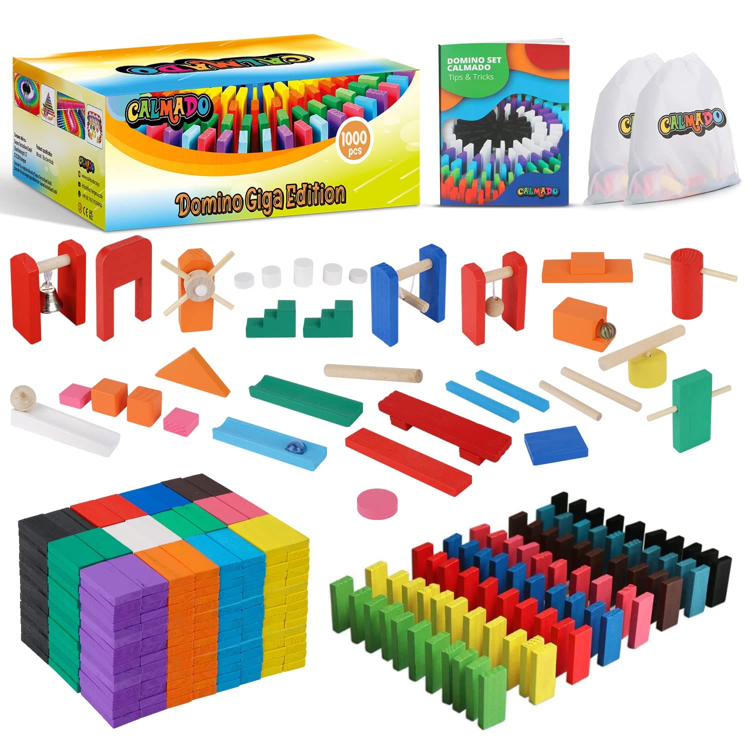 Calmado - 1000 Pieces Wooden Dominoes Toy/Domino Set for Kids Domino Giga Edition Game + Bag + Instructions + Accessories