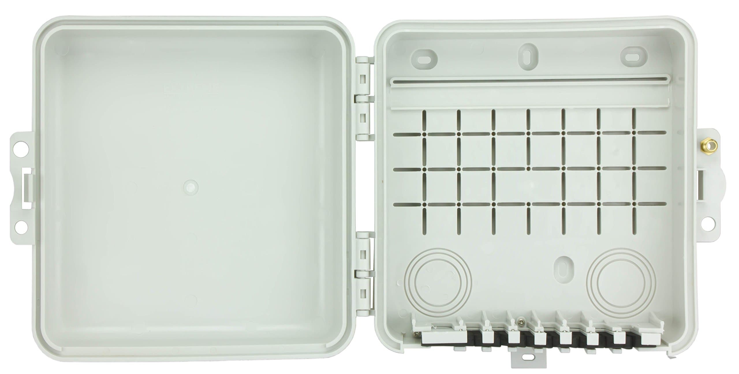 Extreme Broadband Premise Enclosure for Cable Installation. Quick Mount 9” x 9” x 3” Heavy Duty Box Features Cable Retention Slots and Continuous Bosses for Maximum Reliability and Quick Install.