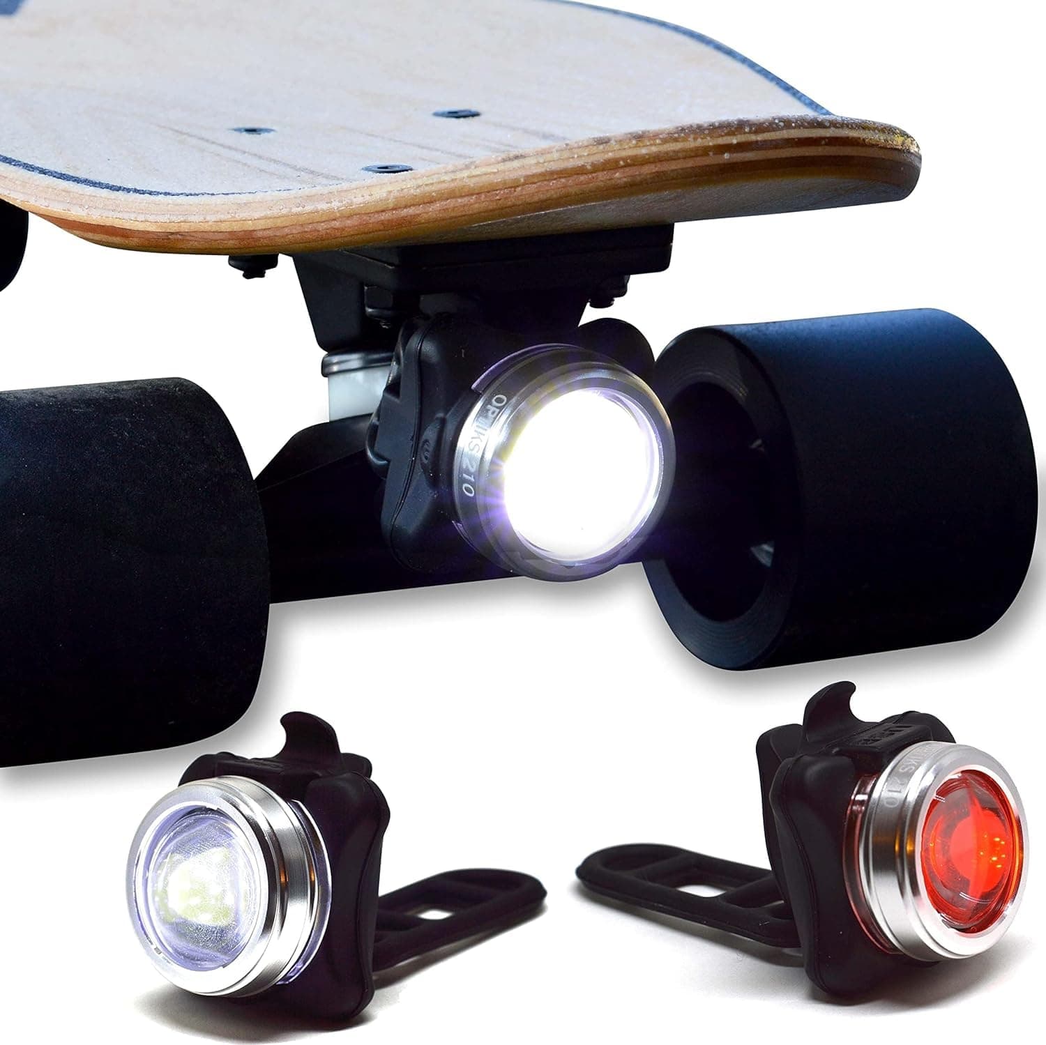 OPTIKS-210 V2 Skateboard Light USB Rechargeable Safety Longboard Front & Rear LED Headlight & Taillight for Skateboards with Standard Trucks